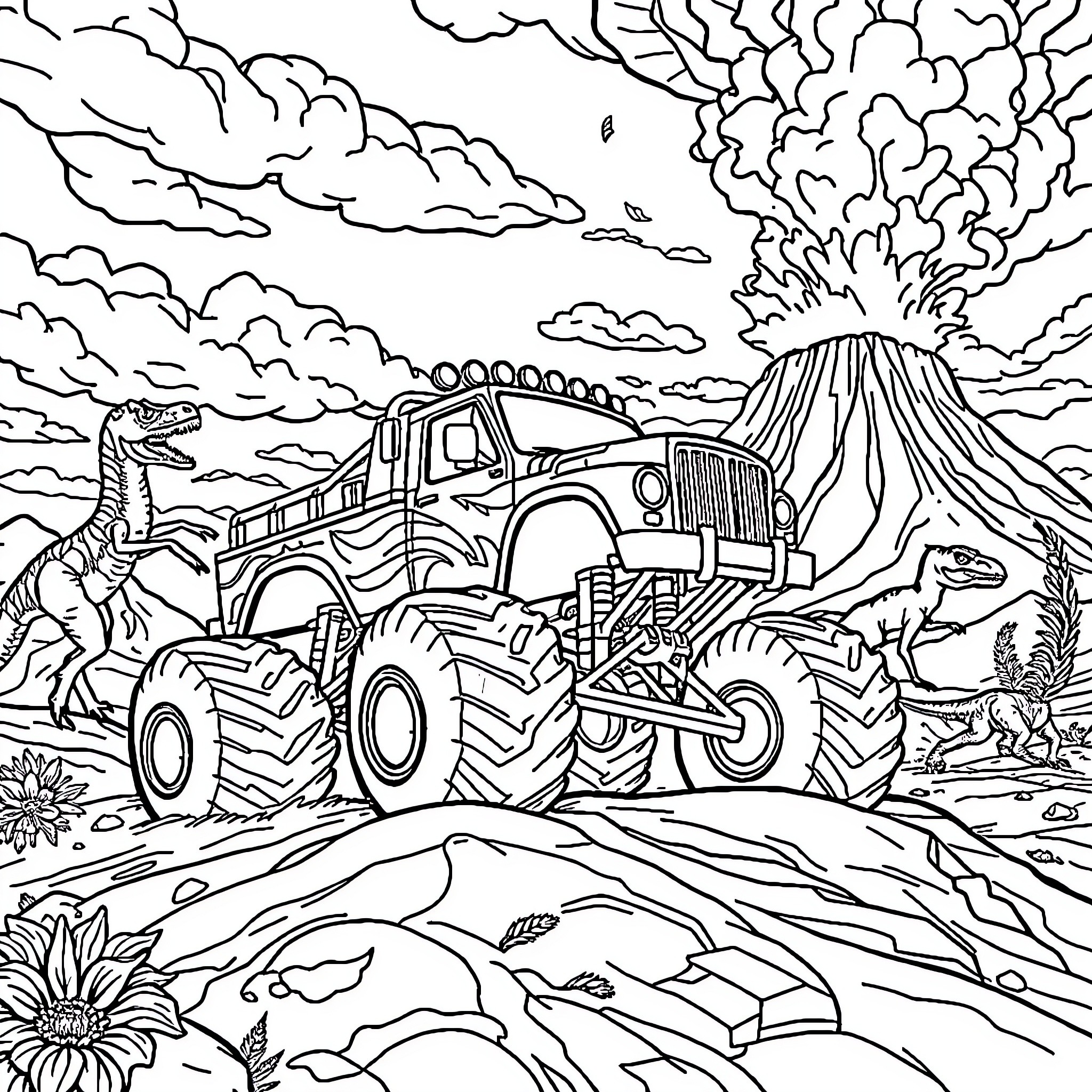 Monster Truck Crushing Dinosaurs in the Prehistoric Landscape Coloring Page (free black-and-white line drawing printable PDF for all, from beginners to advanced learners, including children, teens, adults, and seniors)