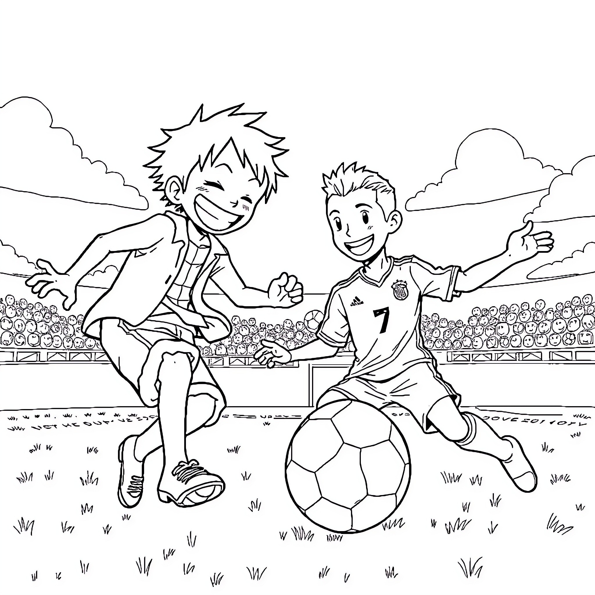 Luffy and Friend Playing Soccer on the Field Coloring Page (free black-and-white line drawing printable PDF for all, from beginners to advanced learners, including children, teens, adults, and seniors)