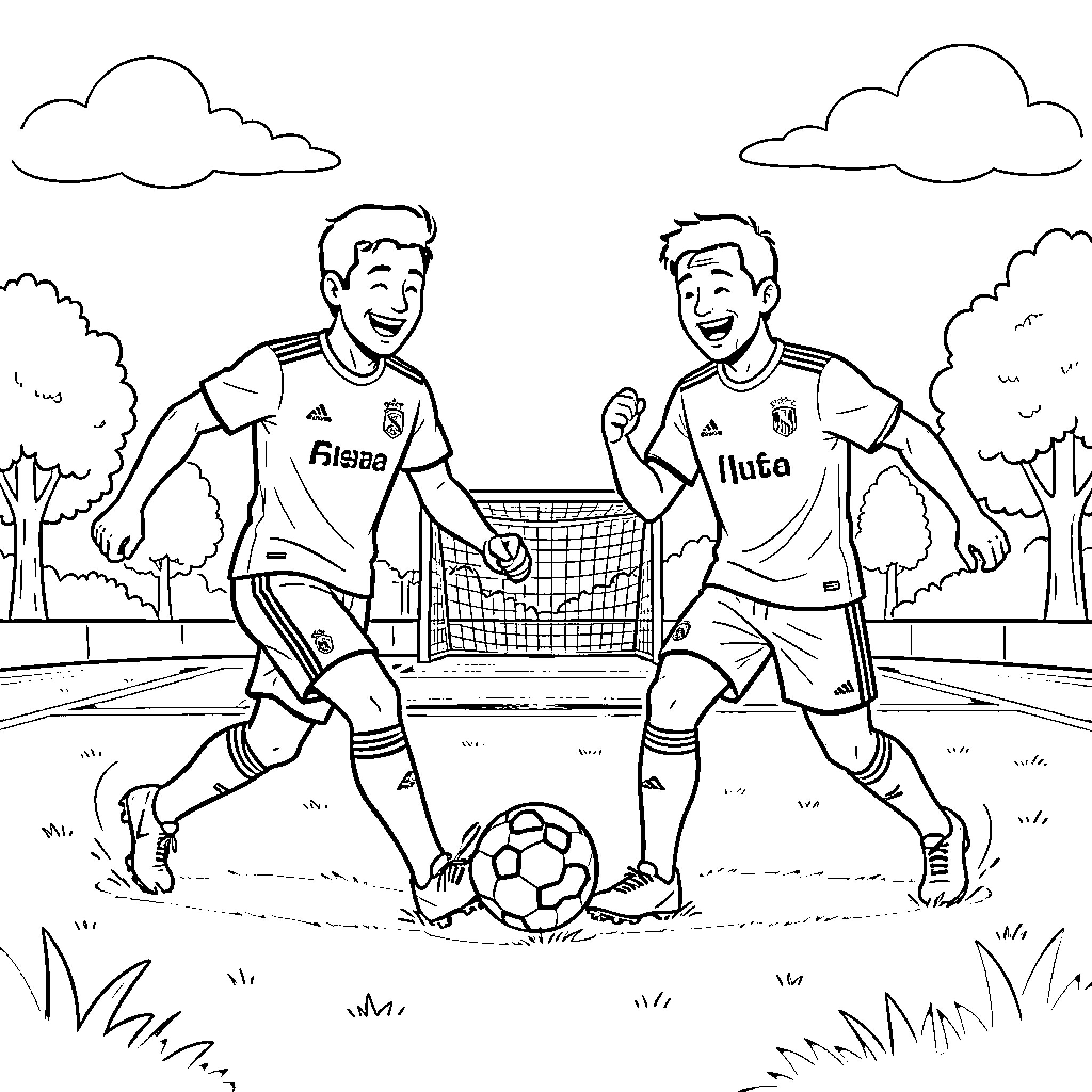 Vlad and Niki playing soccer on the field Coloring Page (free black-and-white line drawing printable PDF for all, from beginners to advanced learners, including children, teens, adults, and seniors)