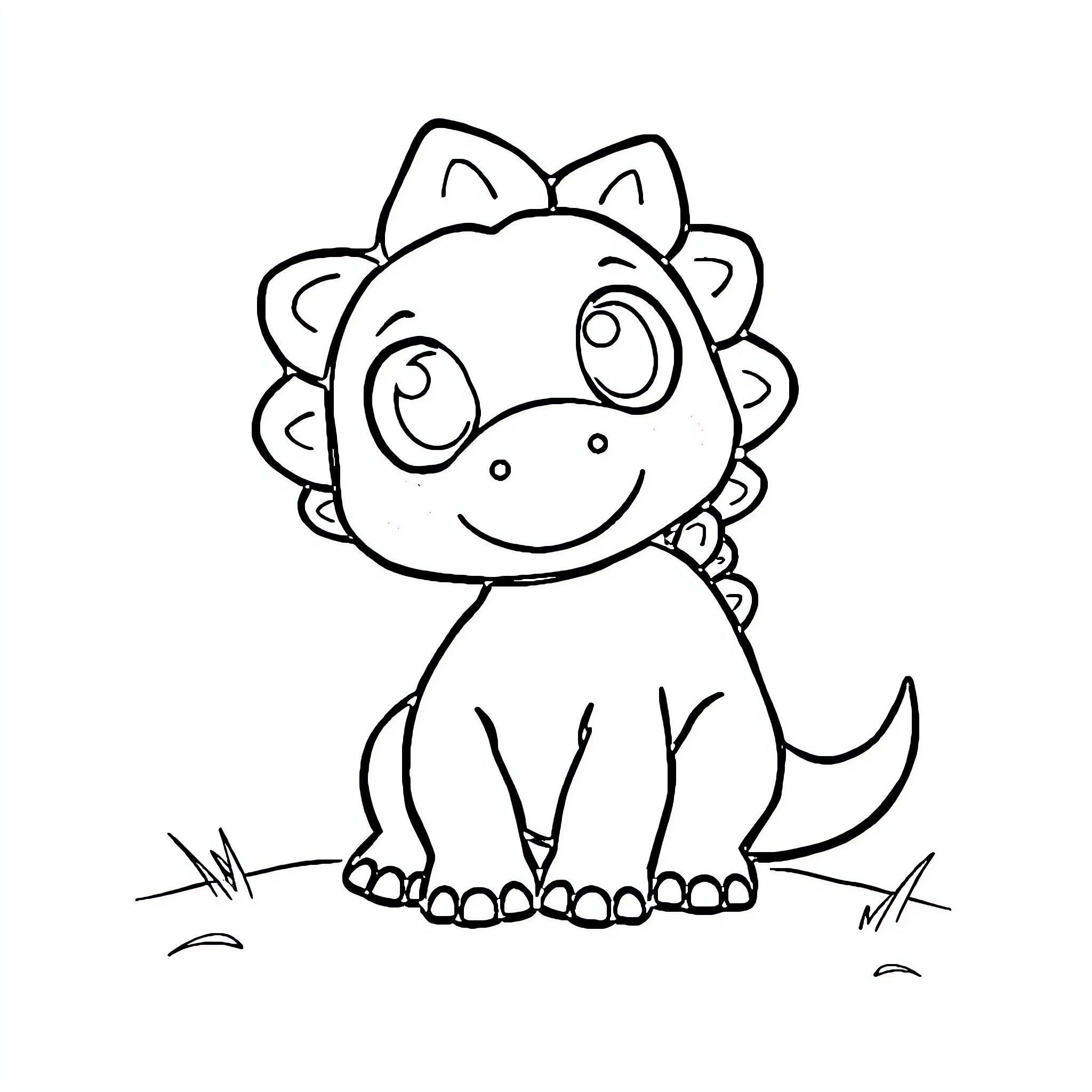 Dinosaur sitting cutely on the ground Coloring Page (free black-and-white line drawing printable PDF for all, from beginners to advanced learners, including children, teens, adults, and seniors)