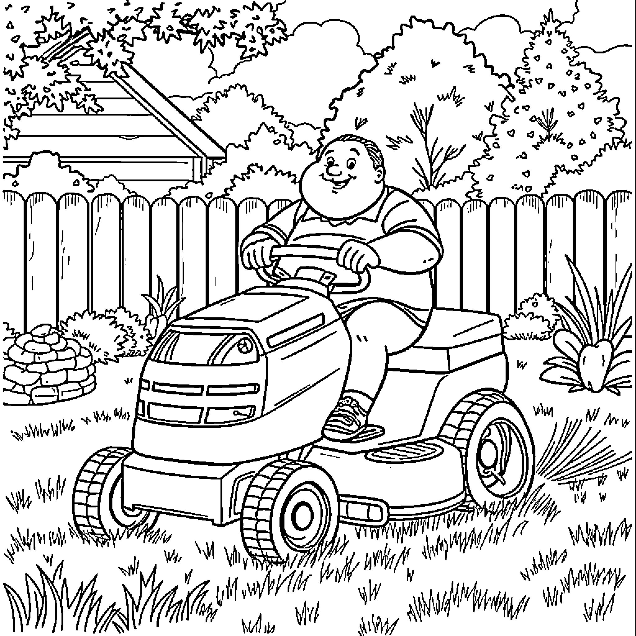 Man mowing the lawn in a lush garden Coloring Page (free black-and-white line drawing printable PDF for all, from beginners to advanced learners, including children, teens, adults, and seniors)