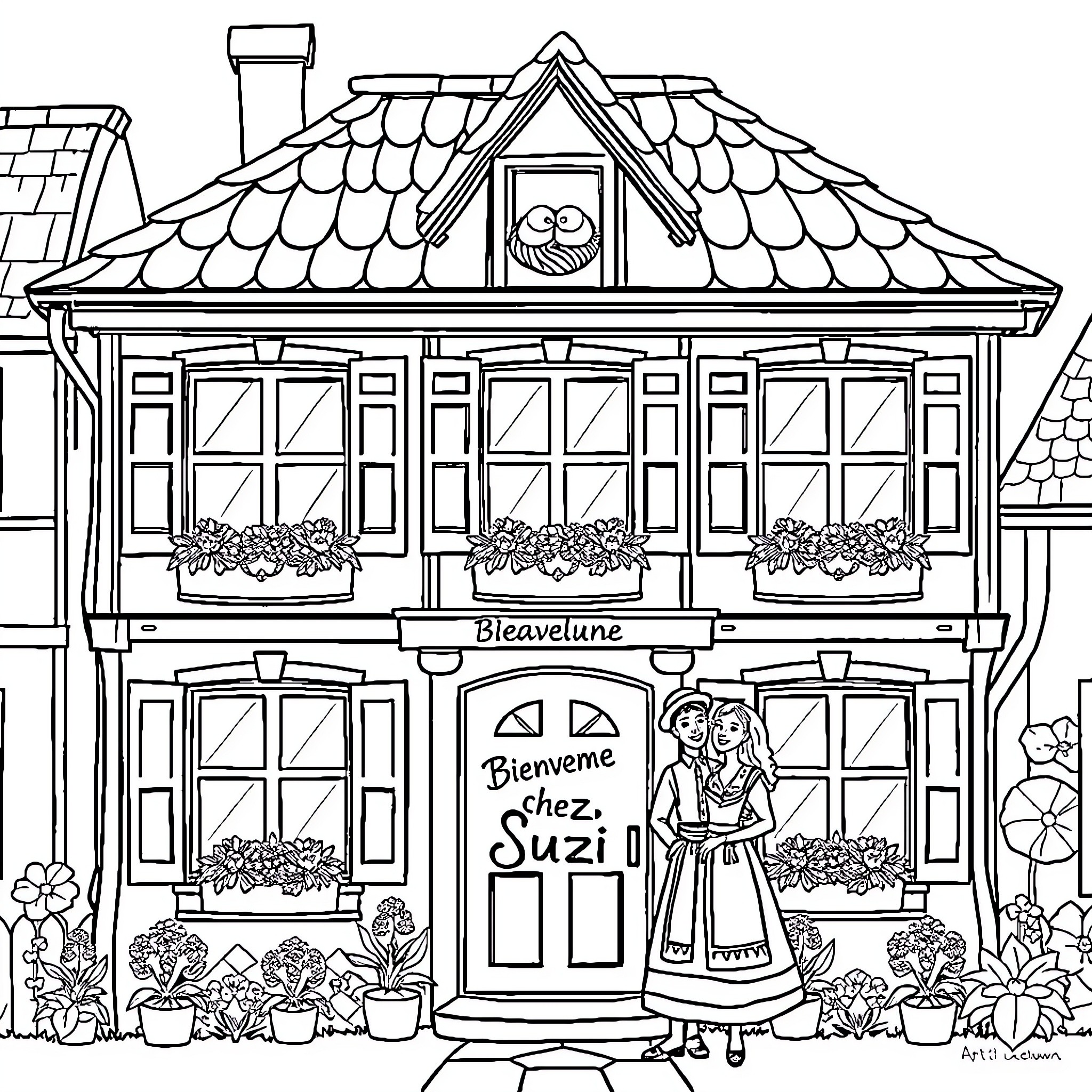 Maison with Friendly Residents Enjoying Outdoor Scenery Coloring Page (free black-and-white line drawing printable PDF for all, from beginners to advanced learners, including children, teens, adults, and seniors)