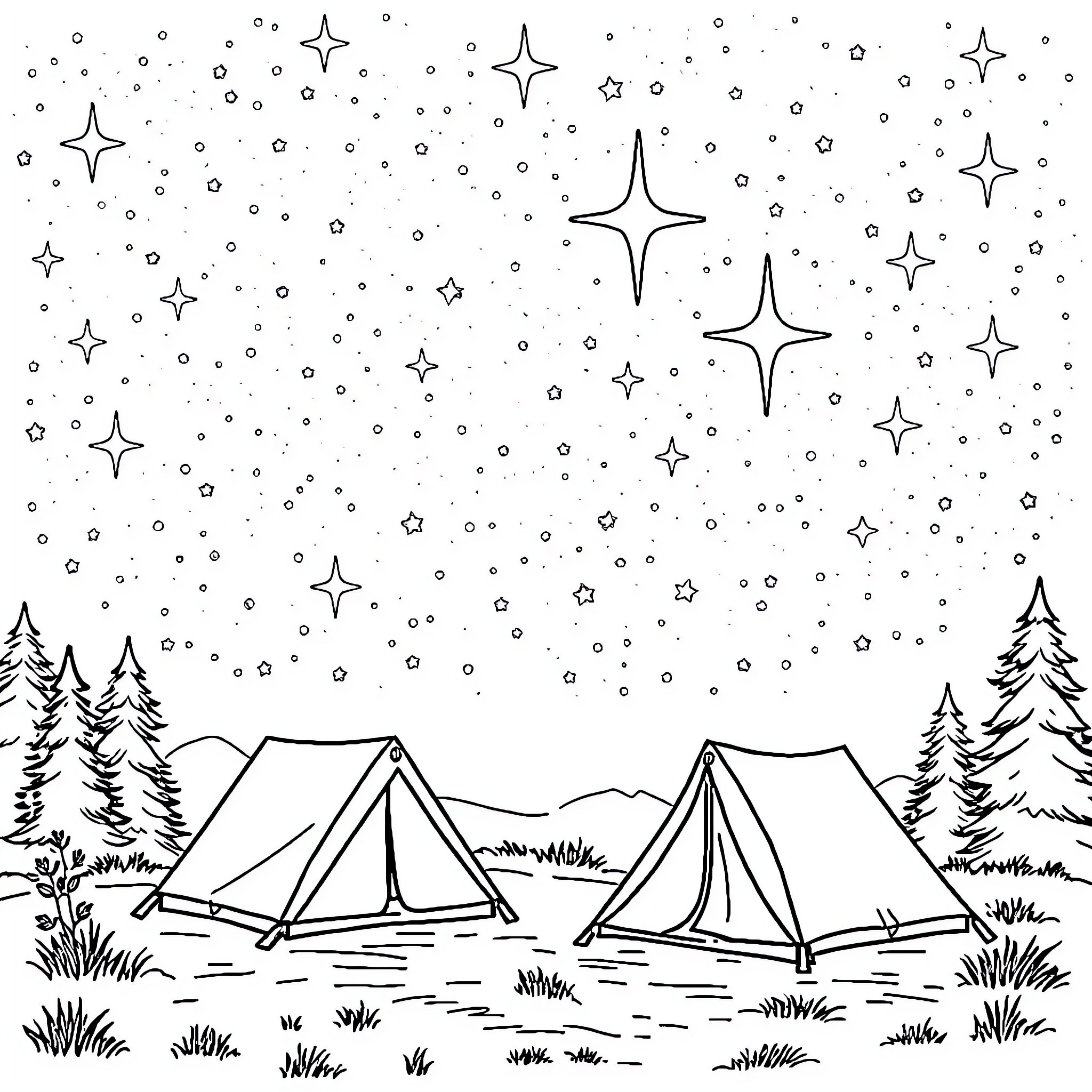 Campground under a starry night sky Coloring Page (free black-and-white line drawing printable PDF for all, from beginners to advanced learners, including children, teens, adults, and seniors)