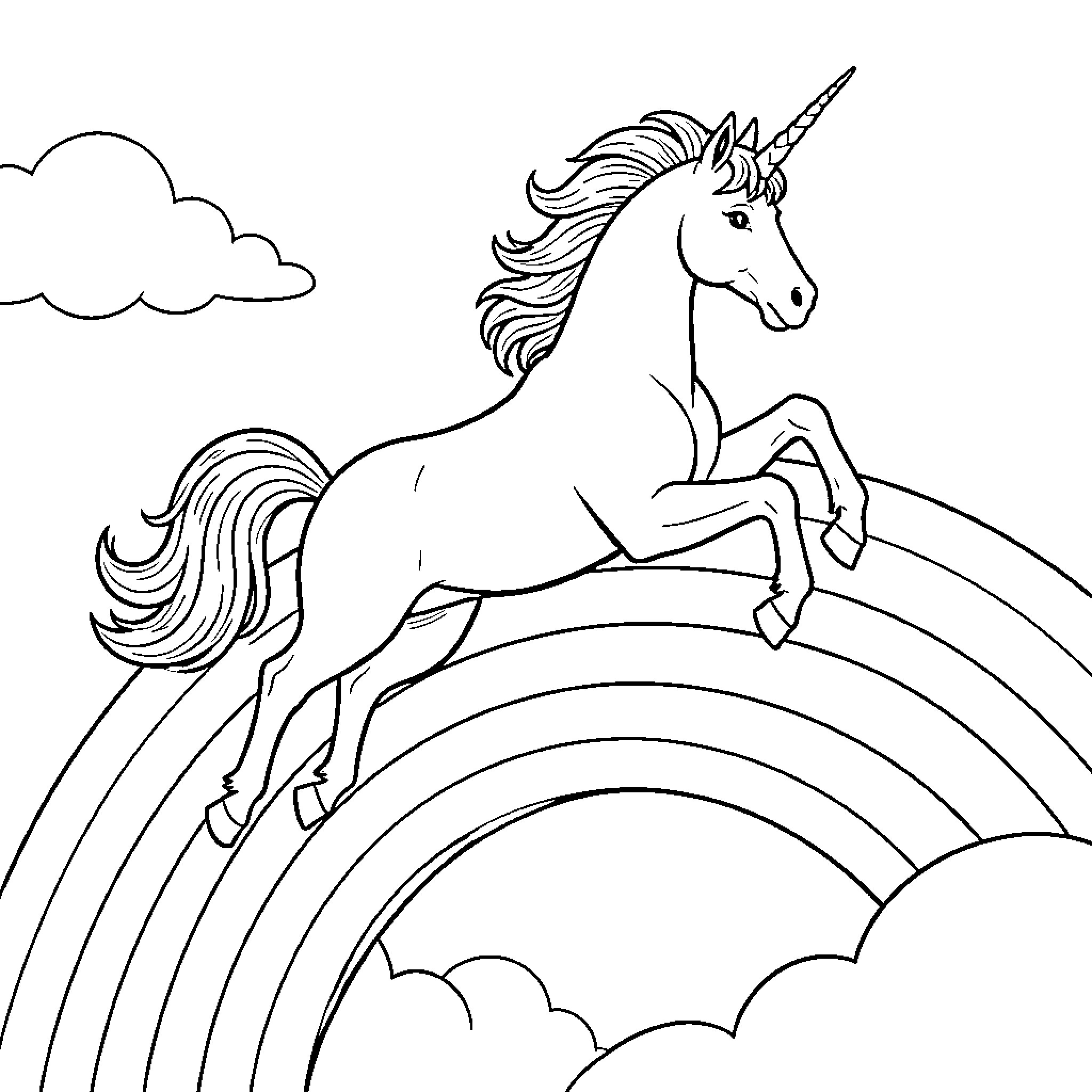 Unicorn galloping through the sky over rainbow Coloring Page (free black-and-white line drawing printable PDF for all, from beginners to advanced learners, including children, teens, adults, and seniors)