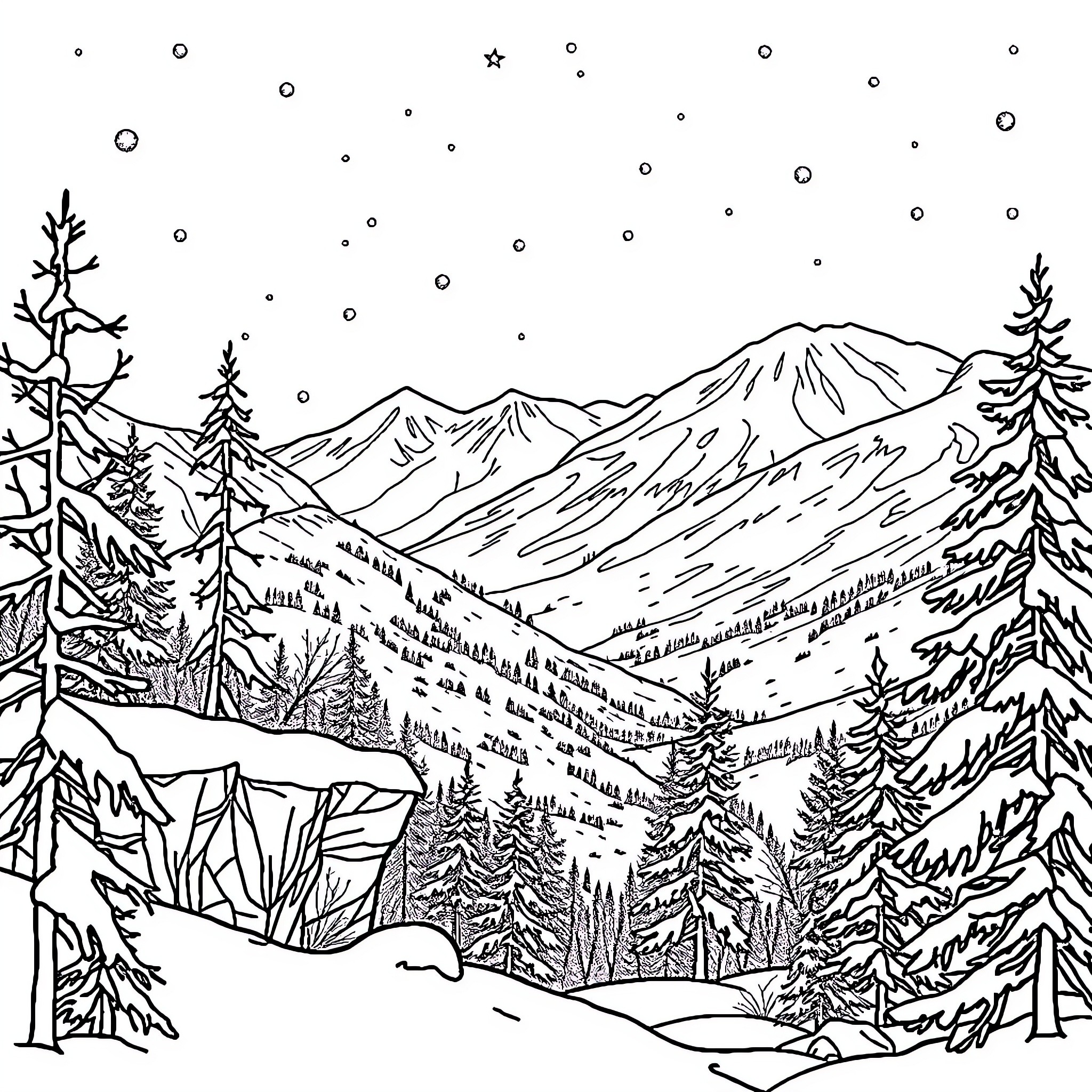 Frozen winter landscape with mountains and trees Coloring Page (free black-and-white line drawing printable PDF for all, from beginners to advanced learners, including children, teens, adults, and seniors)