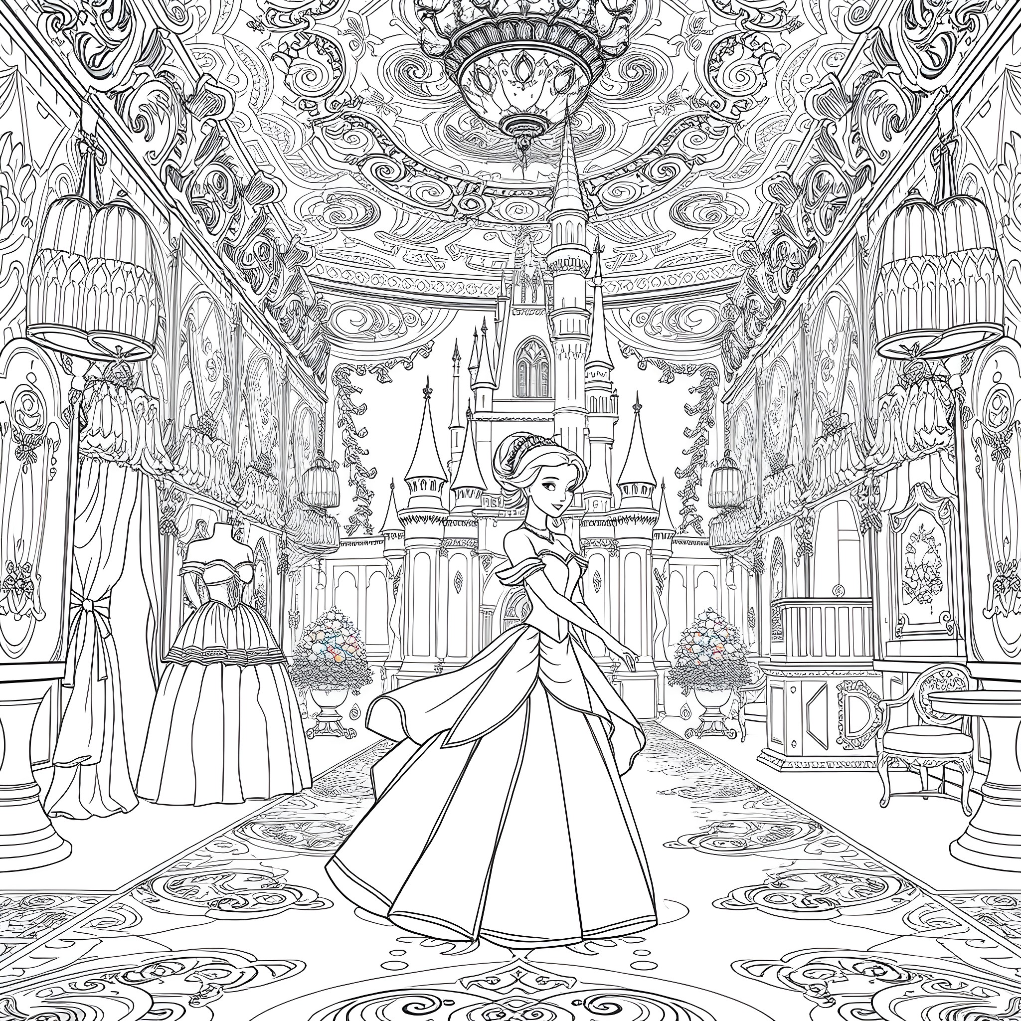 Princess in a Majestic Castle Coloring Page (free black-and-white line drawing printable PDF for all, from beginners to advanced learners, including children, teens, adults, and seniors)