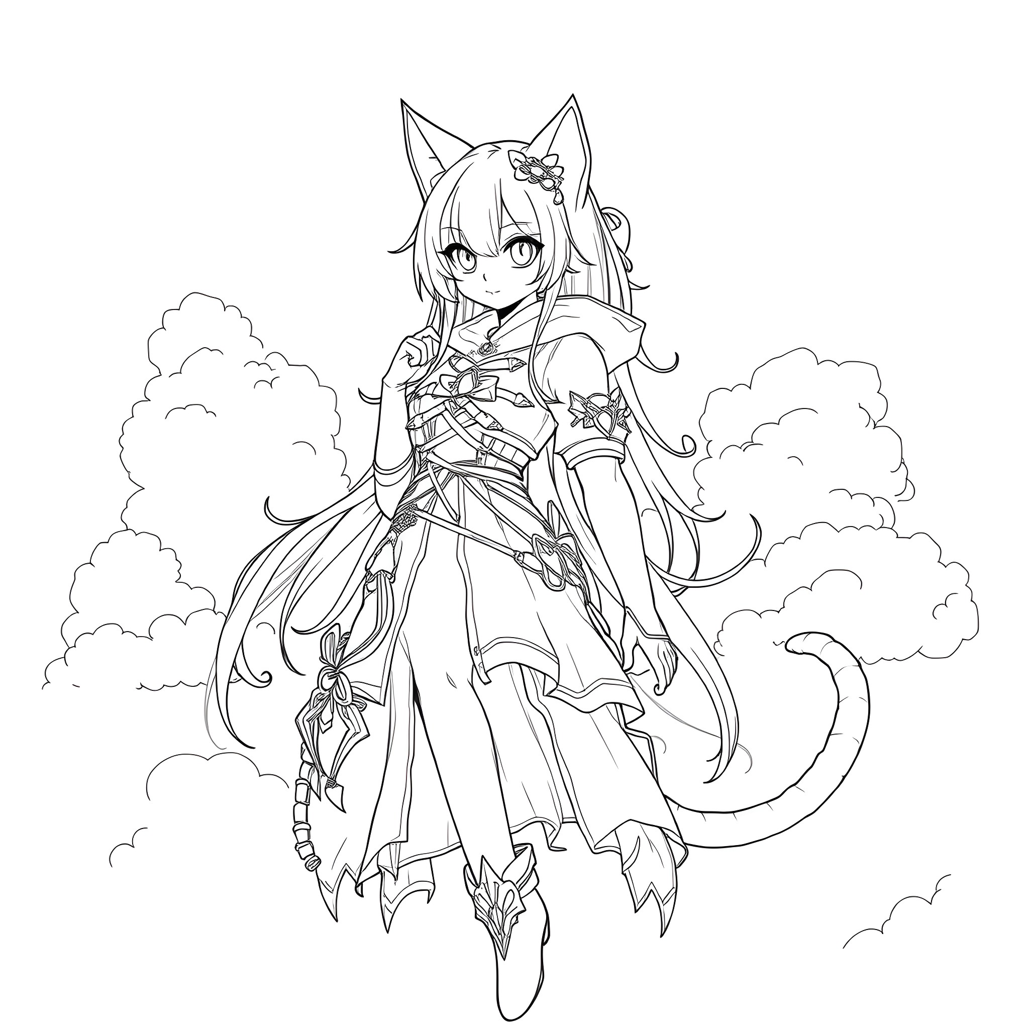 Catgirl adventurer in the clouds Coloring Page (free black-and-white line drawing printable PDF for all, from beginners to advanced learners, including children, teens, adults, and seniors)