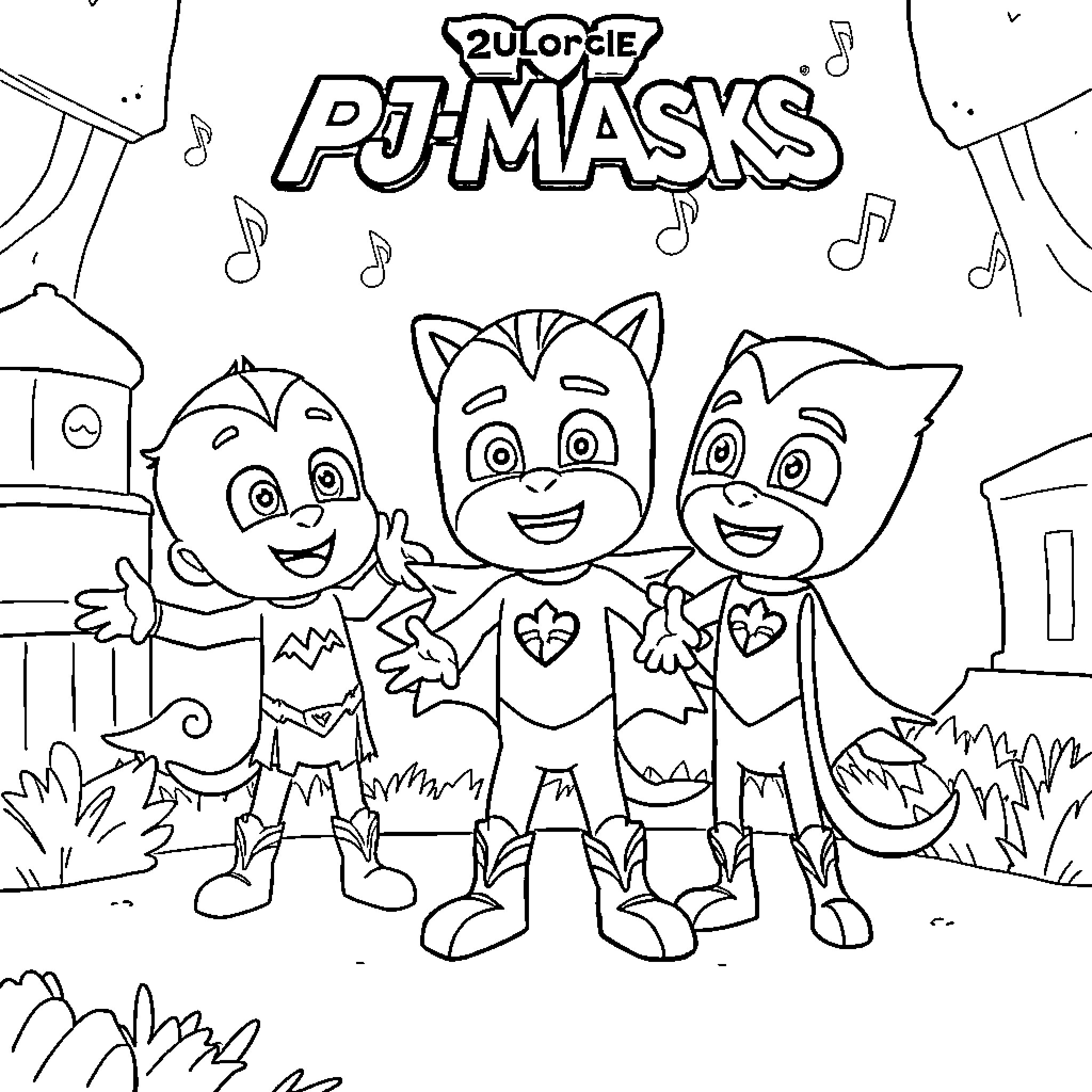 Pj Masks characters in action pose Coloring Page (free black-and-white line drawing printable PDF for all, from beginners to advanced learners, including children, teens, adults, and seniors)