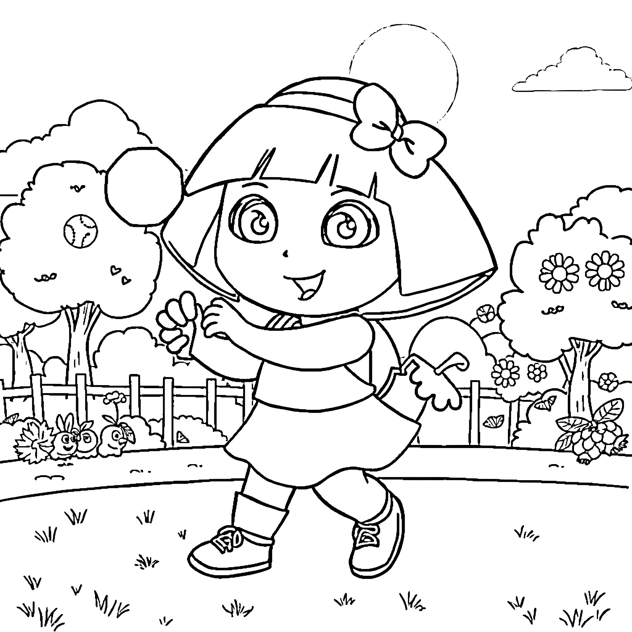 Dora exploring the garden with joy Coloring Page (free black-and-white line drawing printable PDF for all, from beginners to advanced learners, including children, teens, adults, and seniors)