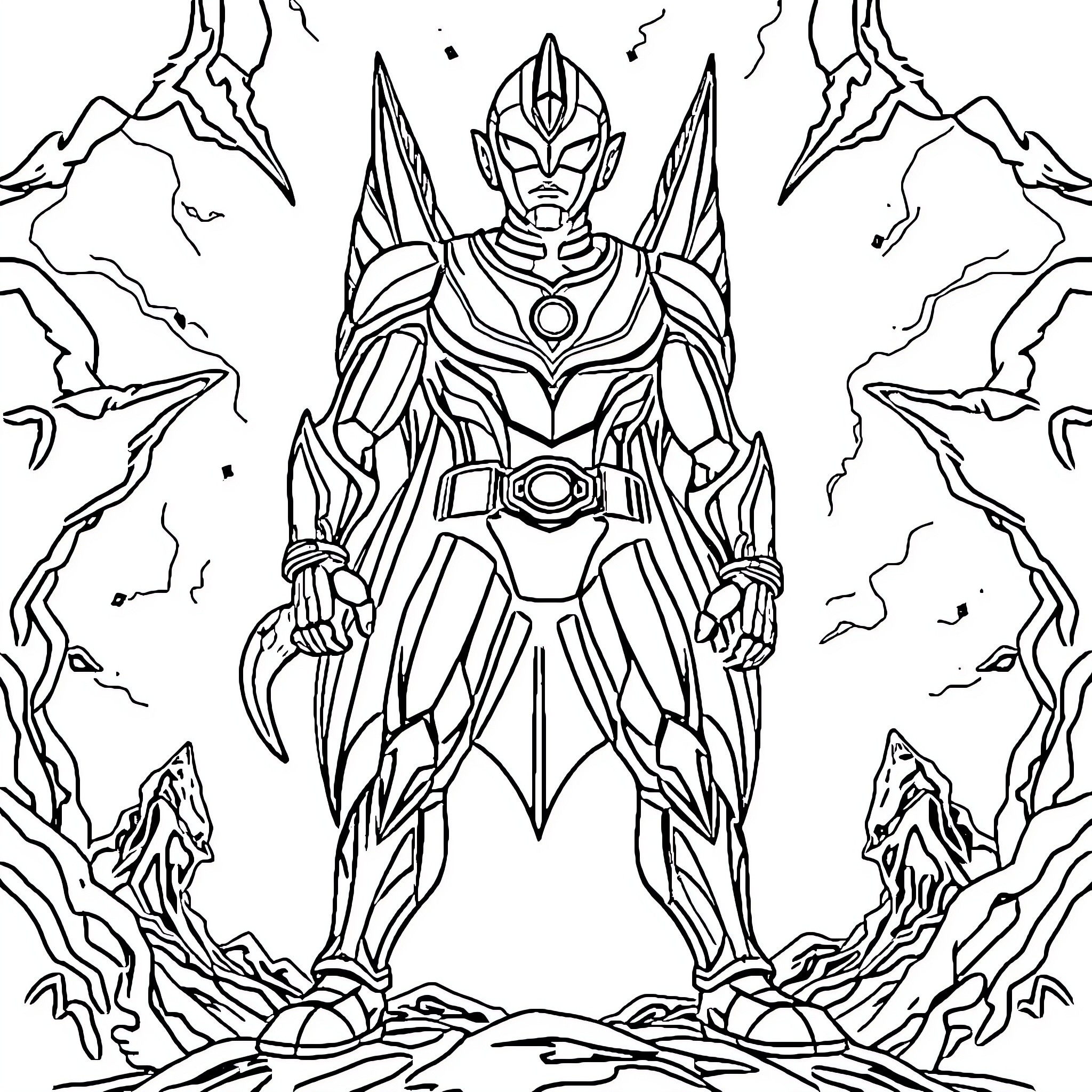 Ultraman stands tall in a dramatic scene Coloring Page (free black-and-white line drawing printable PDF for all, from beginners to advanced learners, including children, teens, adults, and seniors)