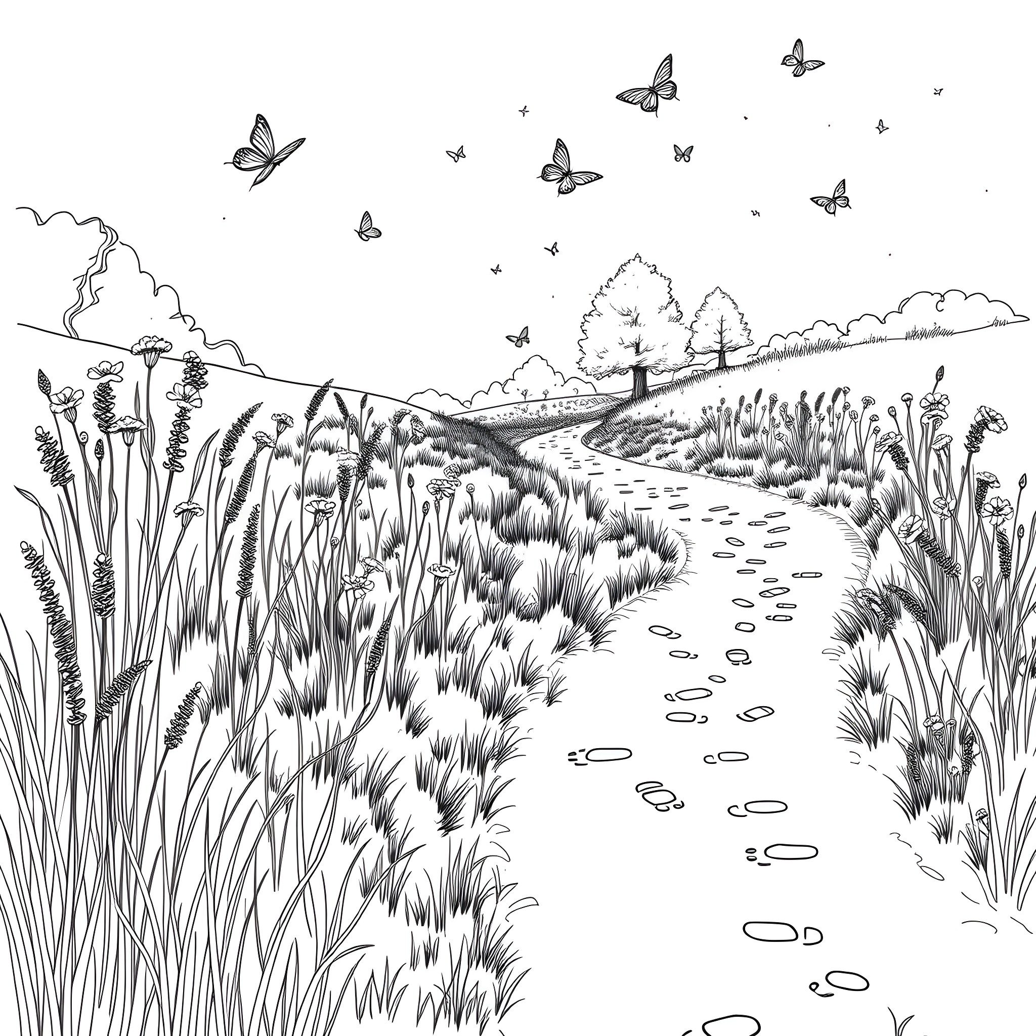 Animal Footprint in a Nature Landscape Coloring Page (free black-and-white line drawing printable PDF for all, from beginners to advanced learners, including children, teens, adults, and seniors)