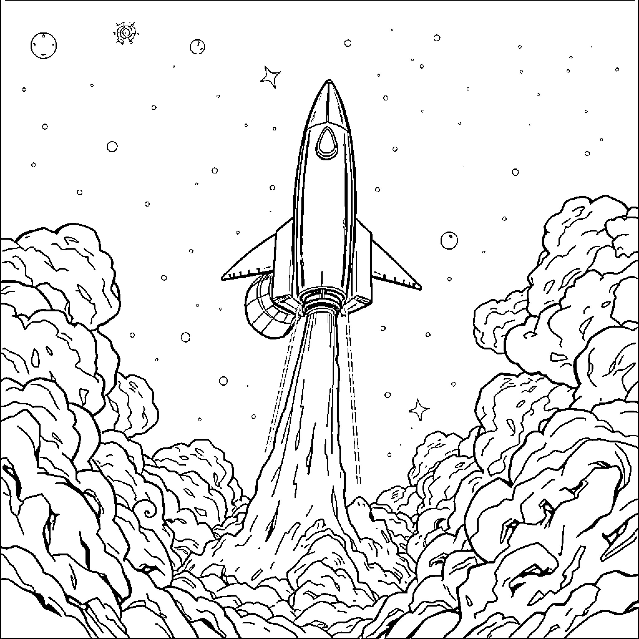 Spaceship blasting off into the cosmic void Coloring Page (free black-and-white line drawing printable PDF for all, from beginners to advanced learners, including children, teens, adults, and seniors)