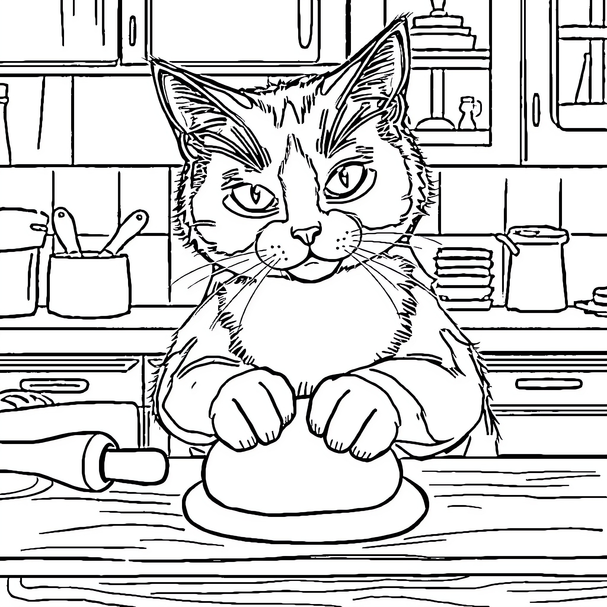 Cat relaxing on a cozy chair in the kitchen Coloring Page (free black-and-white line drawing printable PDF for all, from beginners to advanced learners, including children, teens, adults, and seniors)