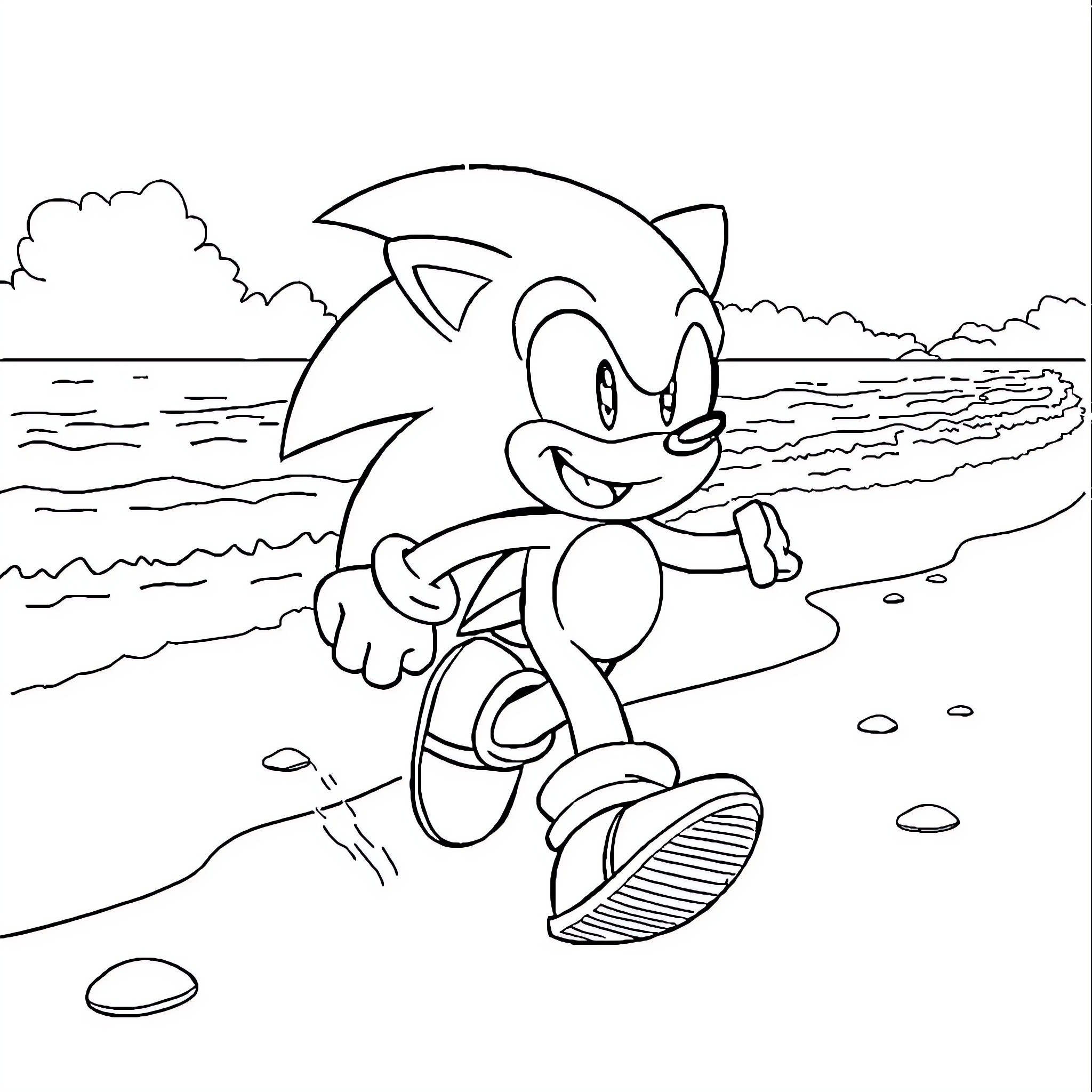 Sonic racing along the beach Coloring Page (free black-and-white line drawing printable PDF for all, from beginners to advanced learners, including children, teens, adults, and seniors)