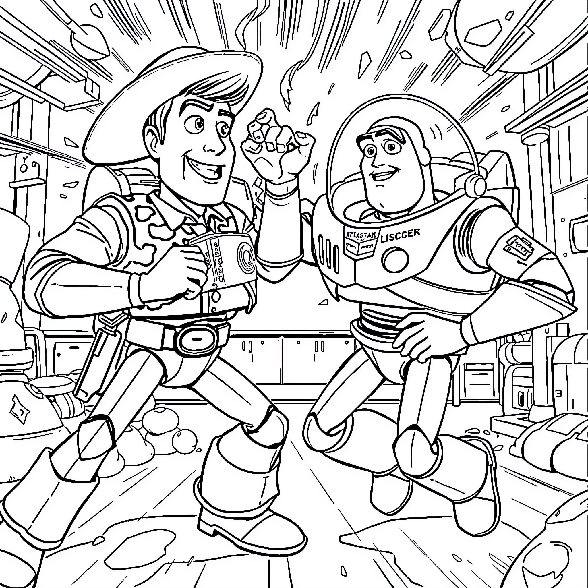 Woody and Buzz Lightyear in action Coloring Page (free black-and-white line drawing printable PDF for all, from beginners to advanced learners, including children, teens, adults, and seniors)