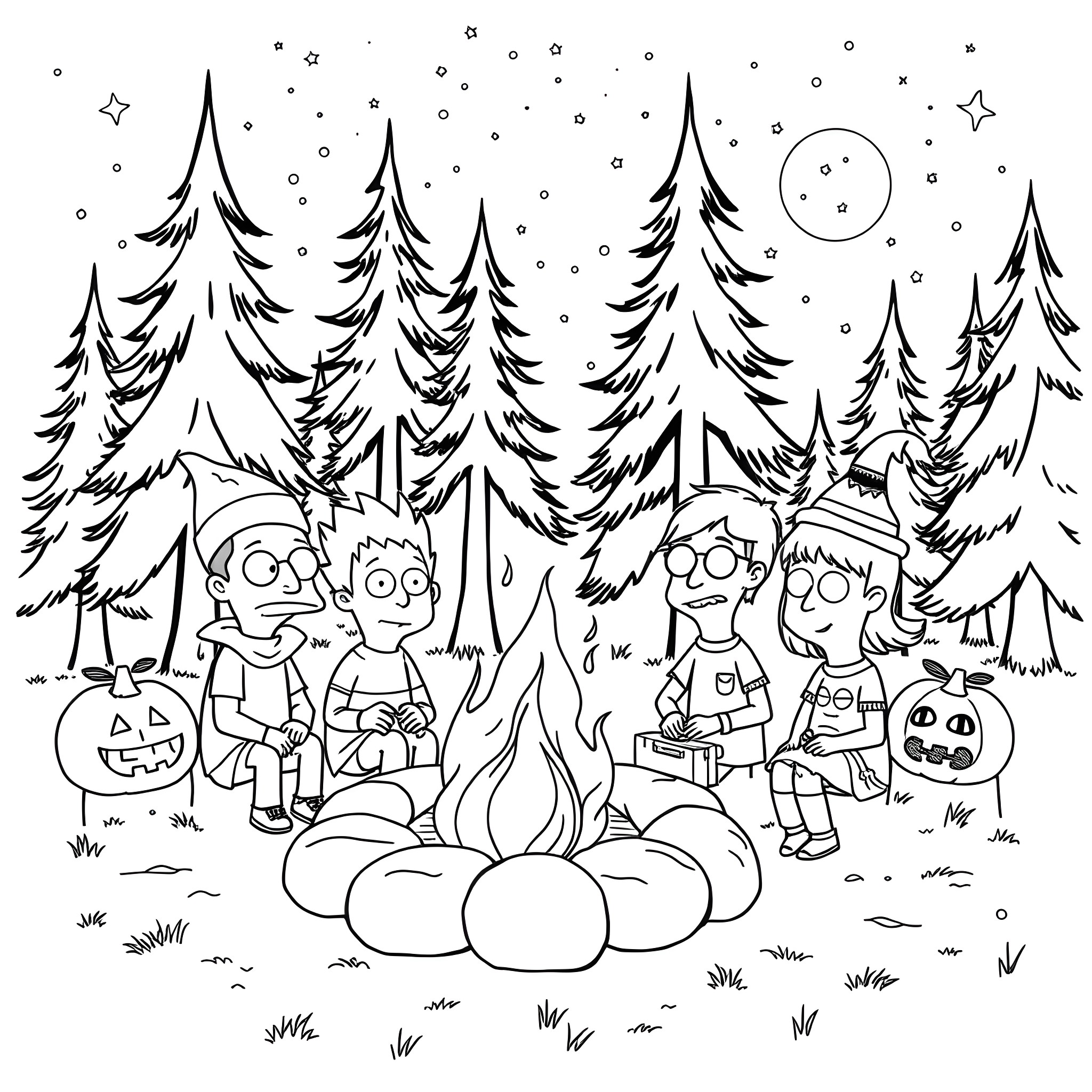 Bob's Burgers characters camping in the winter forest Coloring Page (free black-and-white line drawing printable PDF for all, from beginners to advanced learners, including children, teens, adults, and seniors)