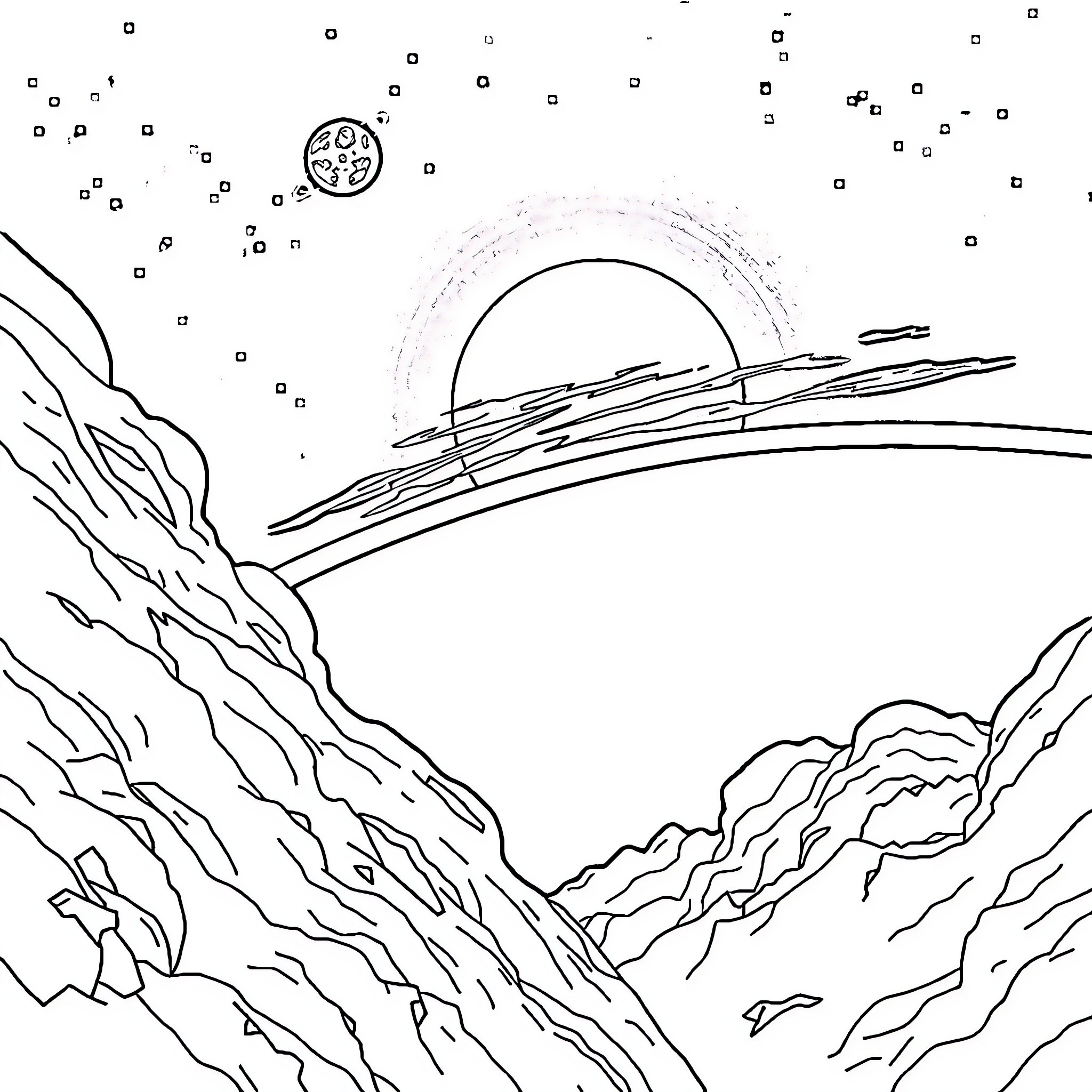 Sunset over the rugged landscape Coloring Page (free black-and-white line drawing printable PDF for all, from beginners to advanced learners, including children, teens, adults, and seniors)