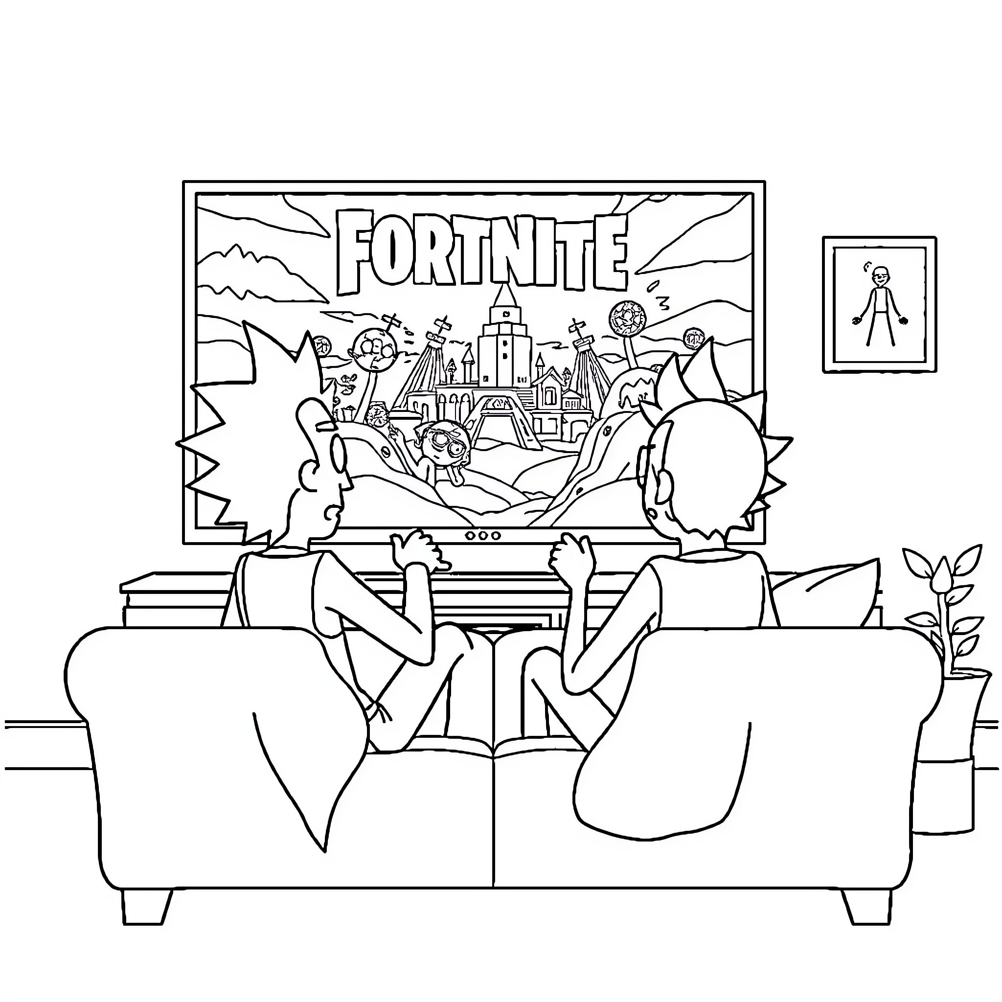 Rick And Morty Enjoying Fortnite on TV Coloring Page (free black-and-white line drawing printable PDF for all, from beginners to advanced learners, including children, teens, adults, and seniors)