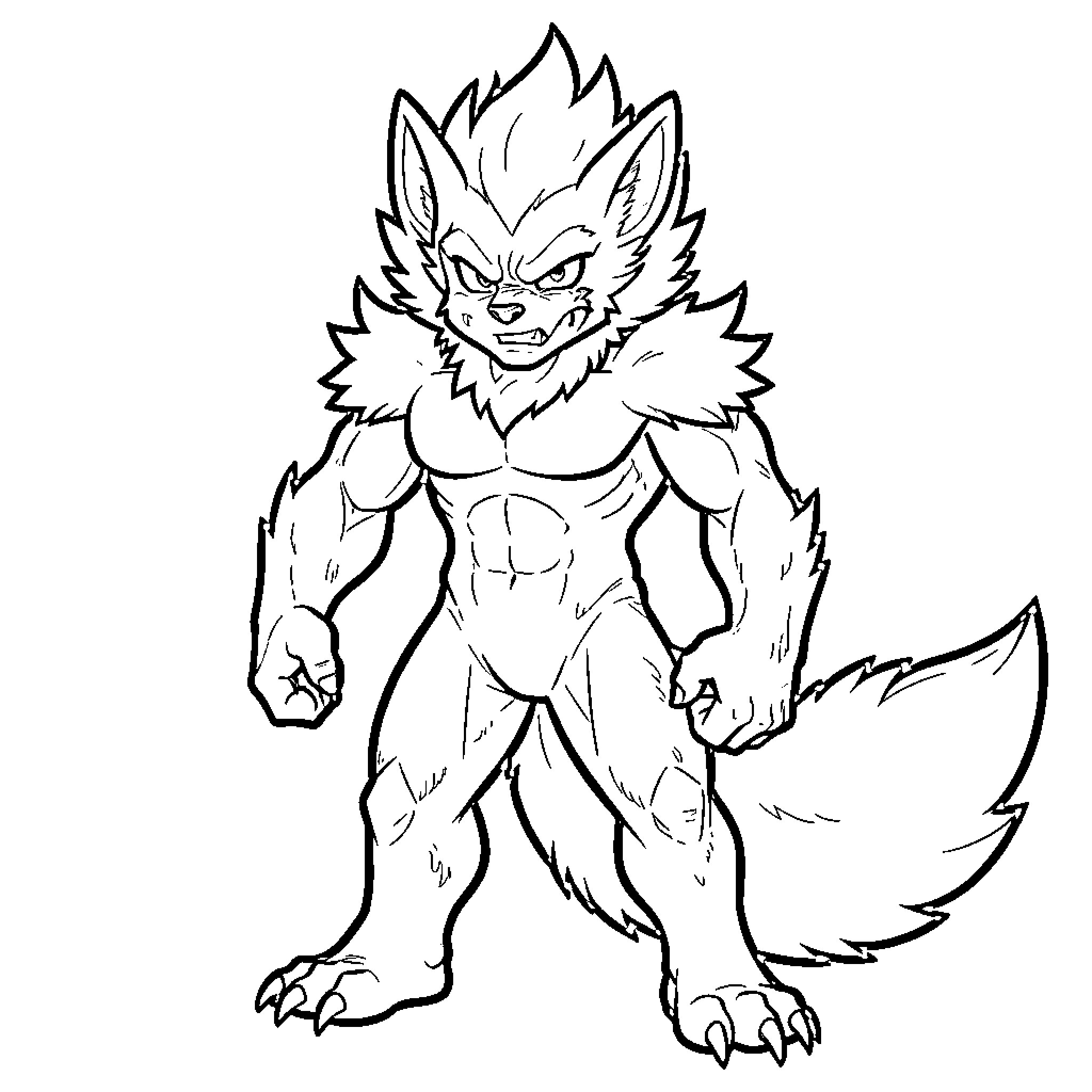 Blaze fierce anthropomorphic wolf standing in a powerful pose Coloring Page (free black-and-white line drawing printable PDF for all, from beginners to advanced learners, including children, teens, adults, and seniors)