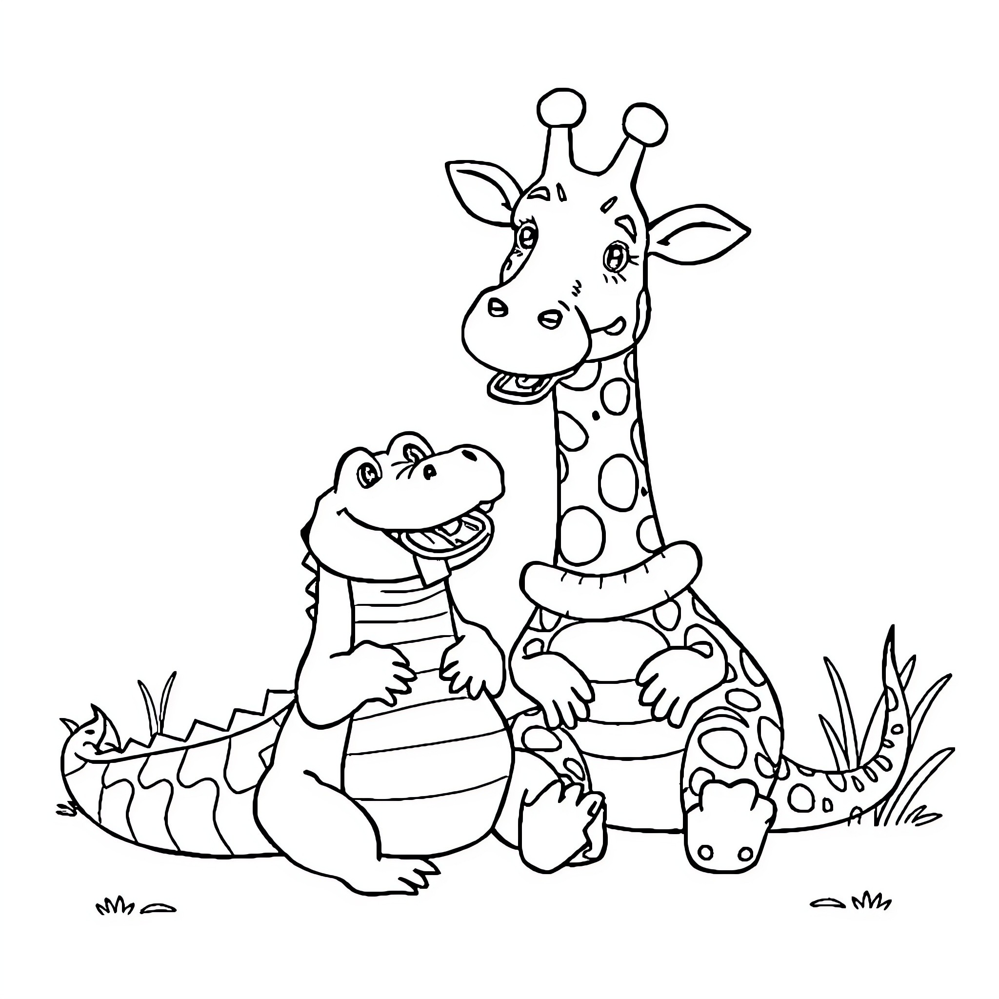 Alligator and giraffe playing together in the wild Coloring Page (free black-and-white line drawing printable PDF for all, from beginners to advanced learners, including children, teens, adults, and seniors)