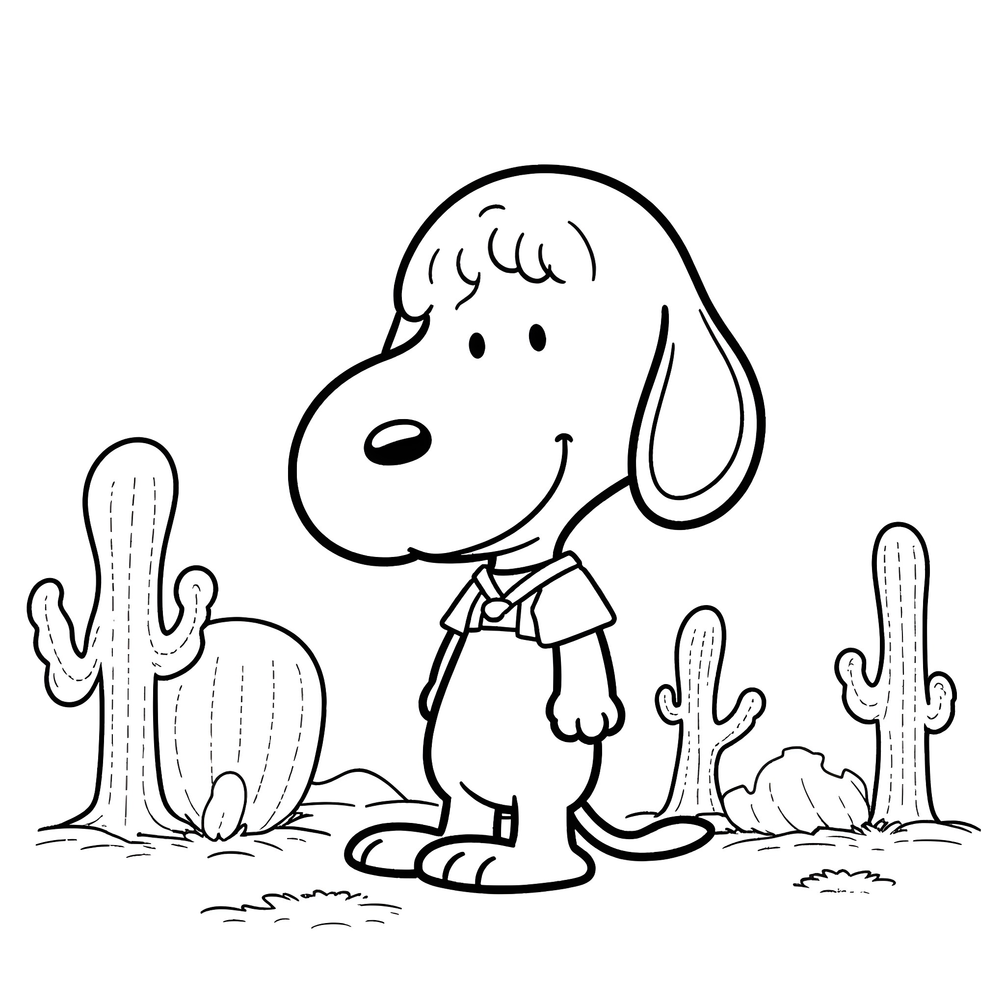 Spike the Friendly Dog in the Desert Coloring Page (free black-and-white line drawing printable PDF for all, from beginners to advanced learners, including children, teens, adults, and seniors)