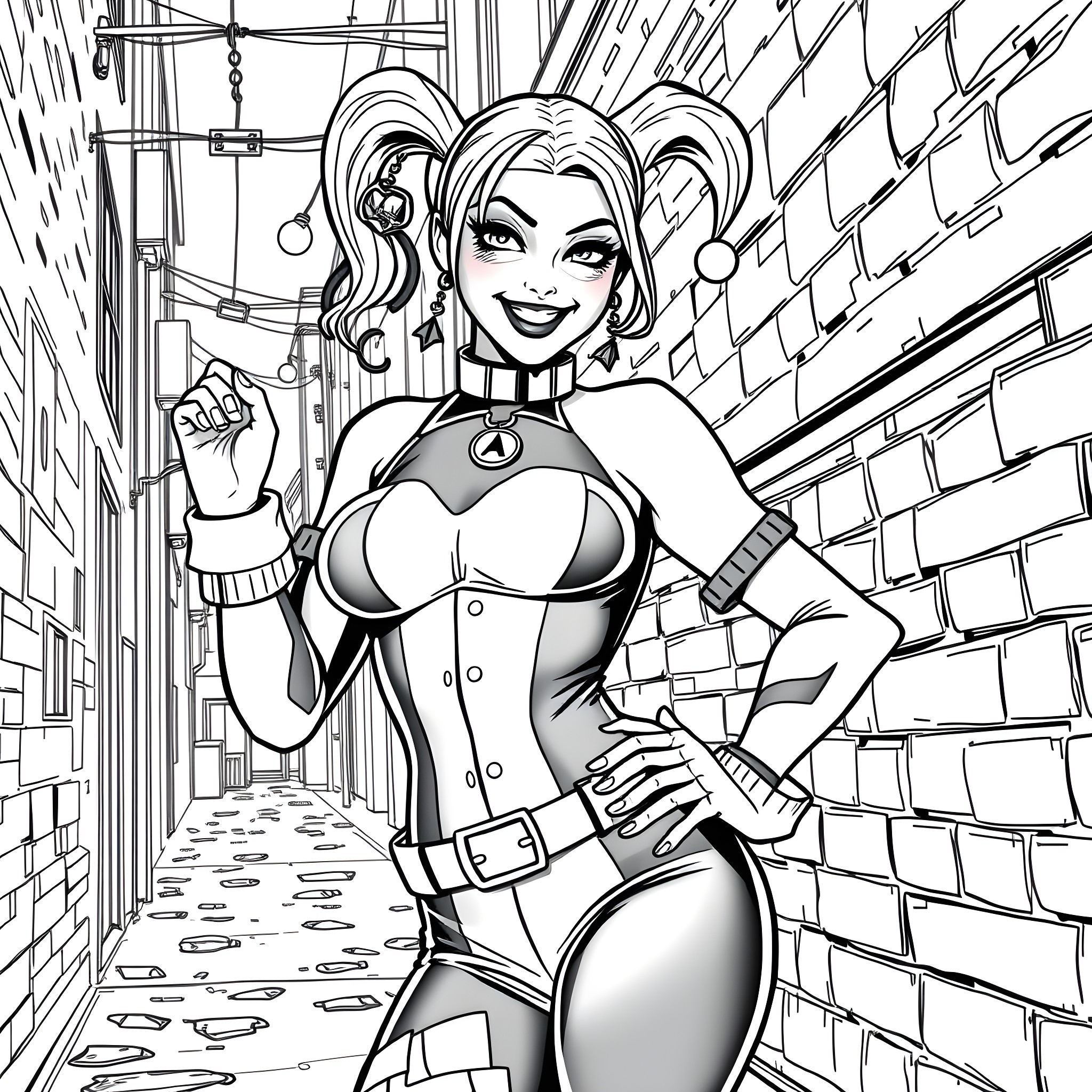 Harley Quinn's Mischievous Antics in the City Coloring Page (free black-and-white line drawing printable PDF for all, from beginners to advanced learners, including children, teens, adults, and seniors)
