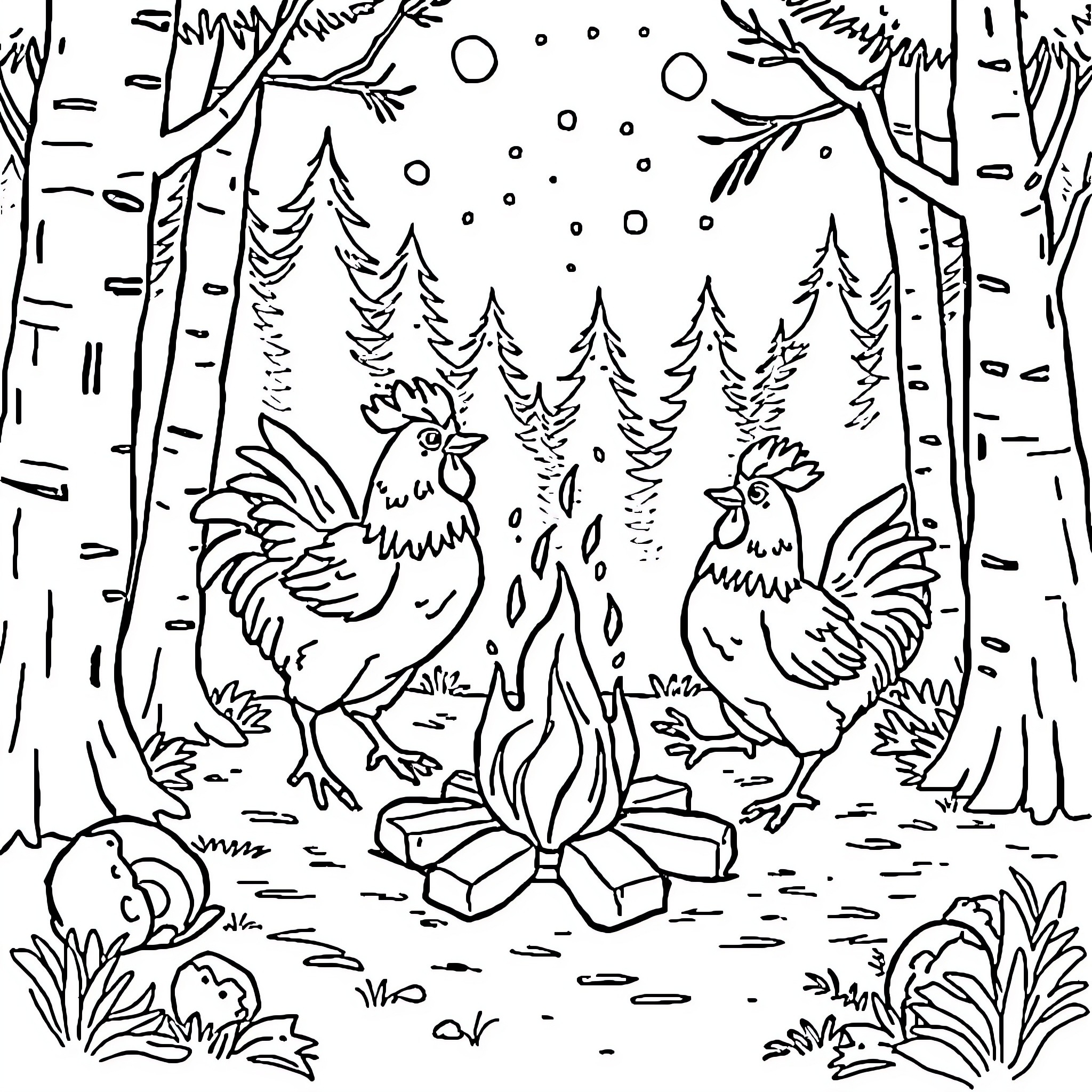 Chickens warming by the campfire in winter forest Coloring Page (free black-and-white line drawing printable PDF for all, from beginners to advanced learners, including children, teens, adults, and seniors)