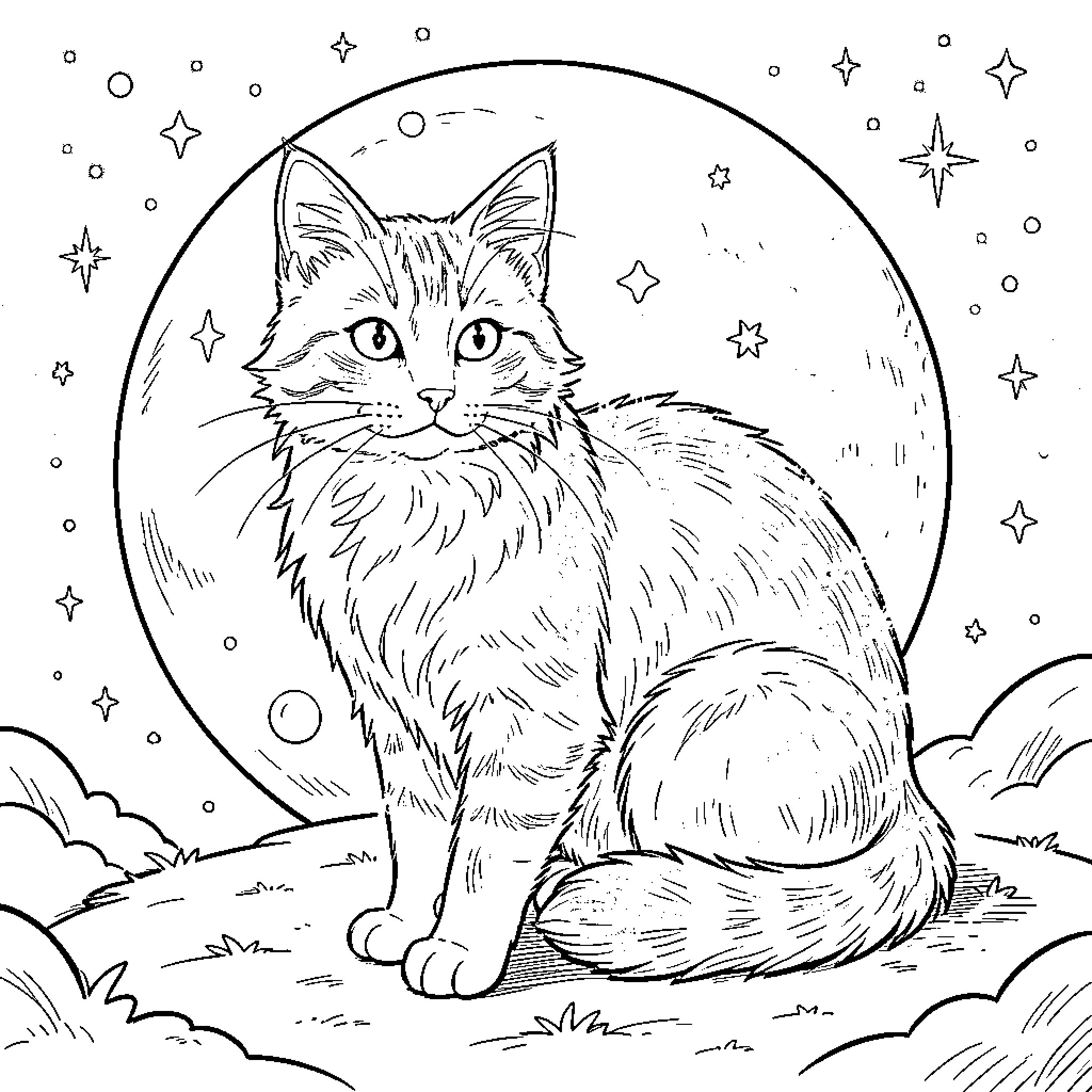 Moon Cat gazing at the starry night sky Coloring Page (free black-and-white line drawing printable PDF for all, from beginners to advanced learners, including children, teens, adults, and seniors)