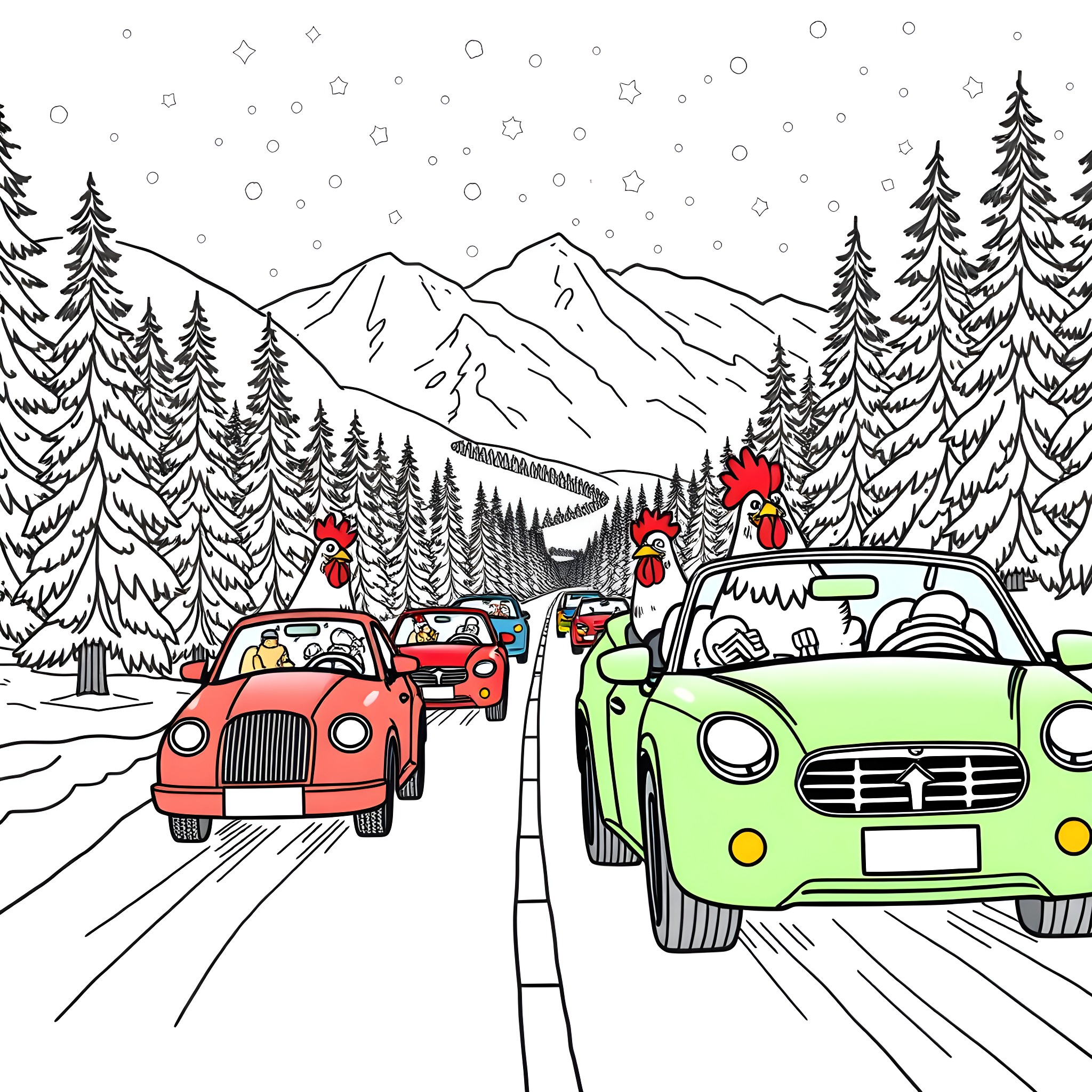 Chicken cars drive through snowy mountain landscape Coloring Page (free black-and-white line drawing printable PDF for all, from beginners to advanced learners, including children, teens, adults, and seniors)