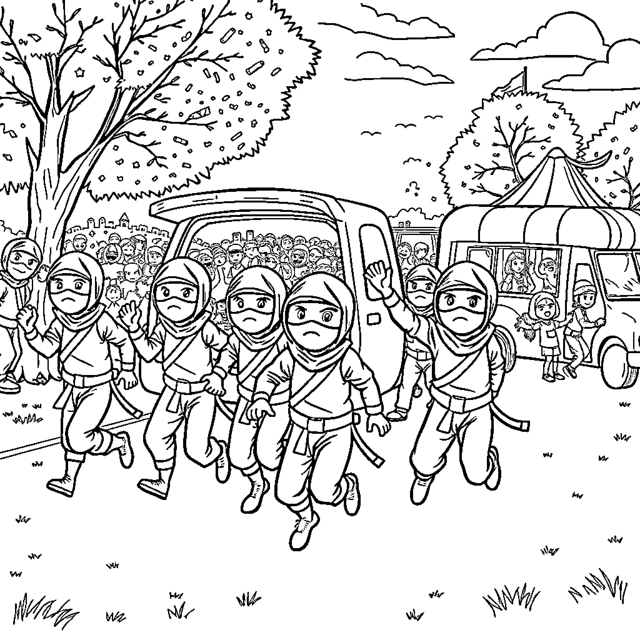 Ninja warriors in action amidst a chaotic scene Coloring Page (free black-and-white line drawing printable PDF for all, from beginners to advanced learners, including children, teens, adults, and seniors)