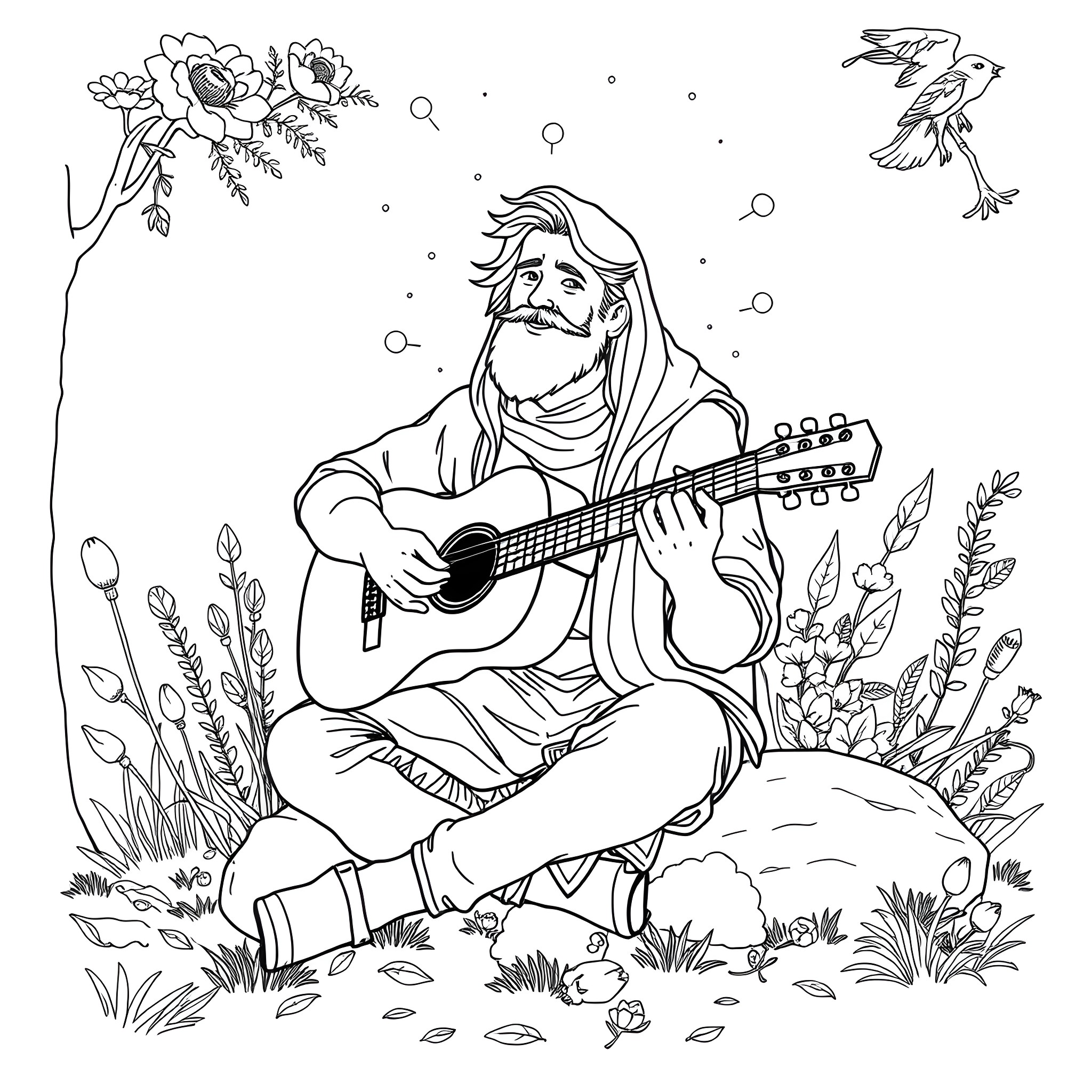 Songwriter playing guitar in a serene nature setting Coloring Page (free black-and-white line drawing printable PDF for all, from beginners to advanced learners, including children, teens, adults, and seniors)