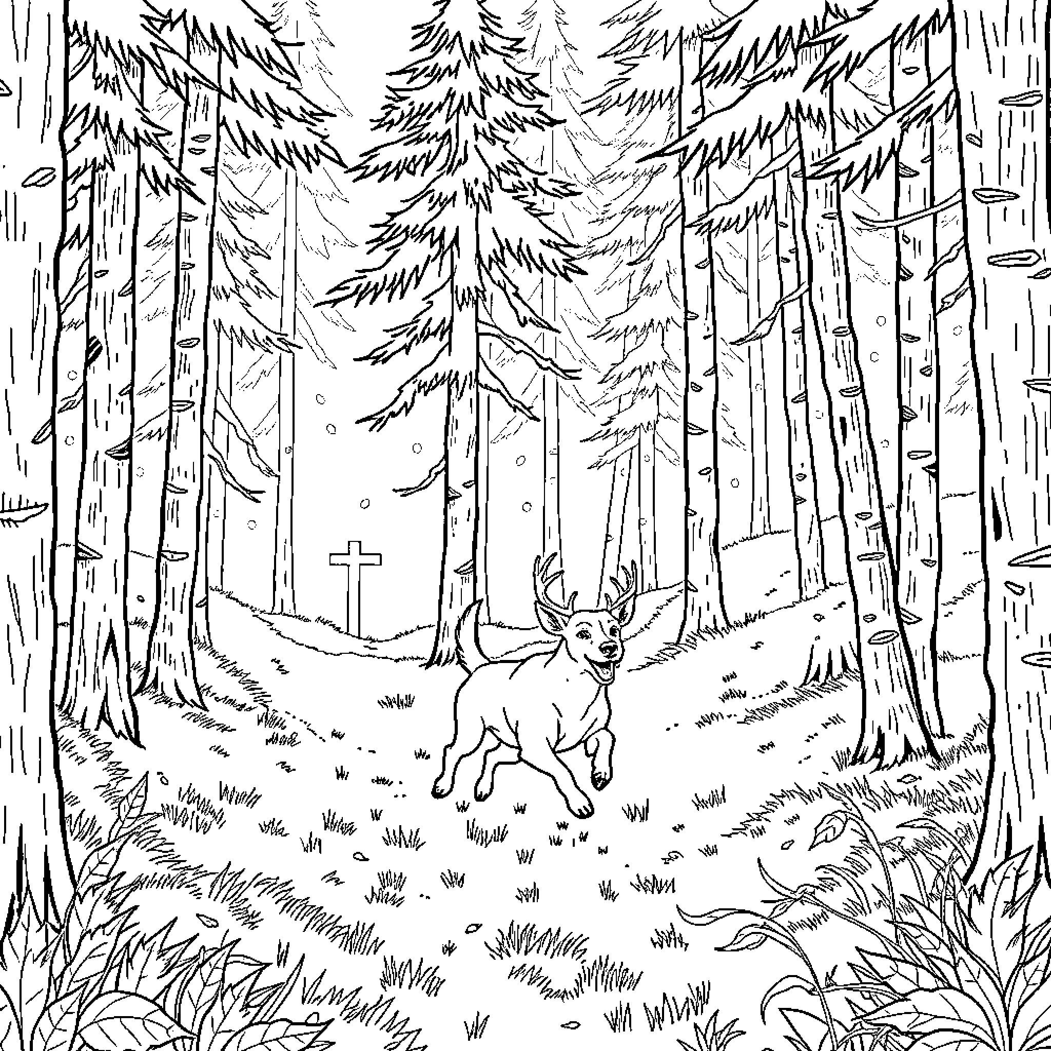 Dog running through the snowy forest Coloring Page (free black-and-white line drawing printable PDF for all, from beginners to advanced learners, including children, teens, adults, and seniors)