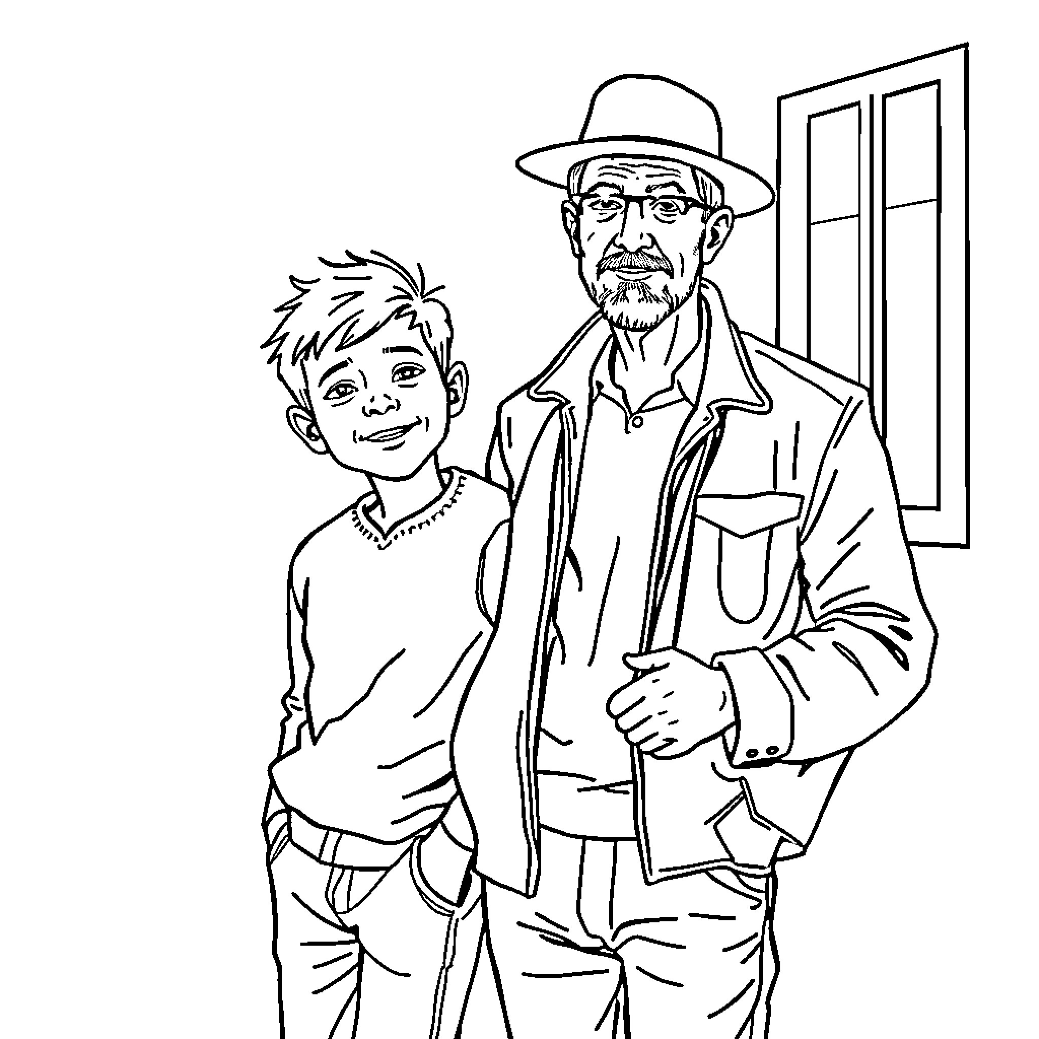 Niño standing with older gentleman in casual attire Coloring Page (free black-and-white line drawing printable PDF for all, from beginners to advanced learners, including children, teens, adults, and seniors)