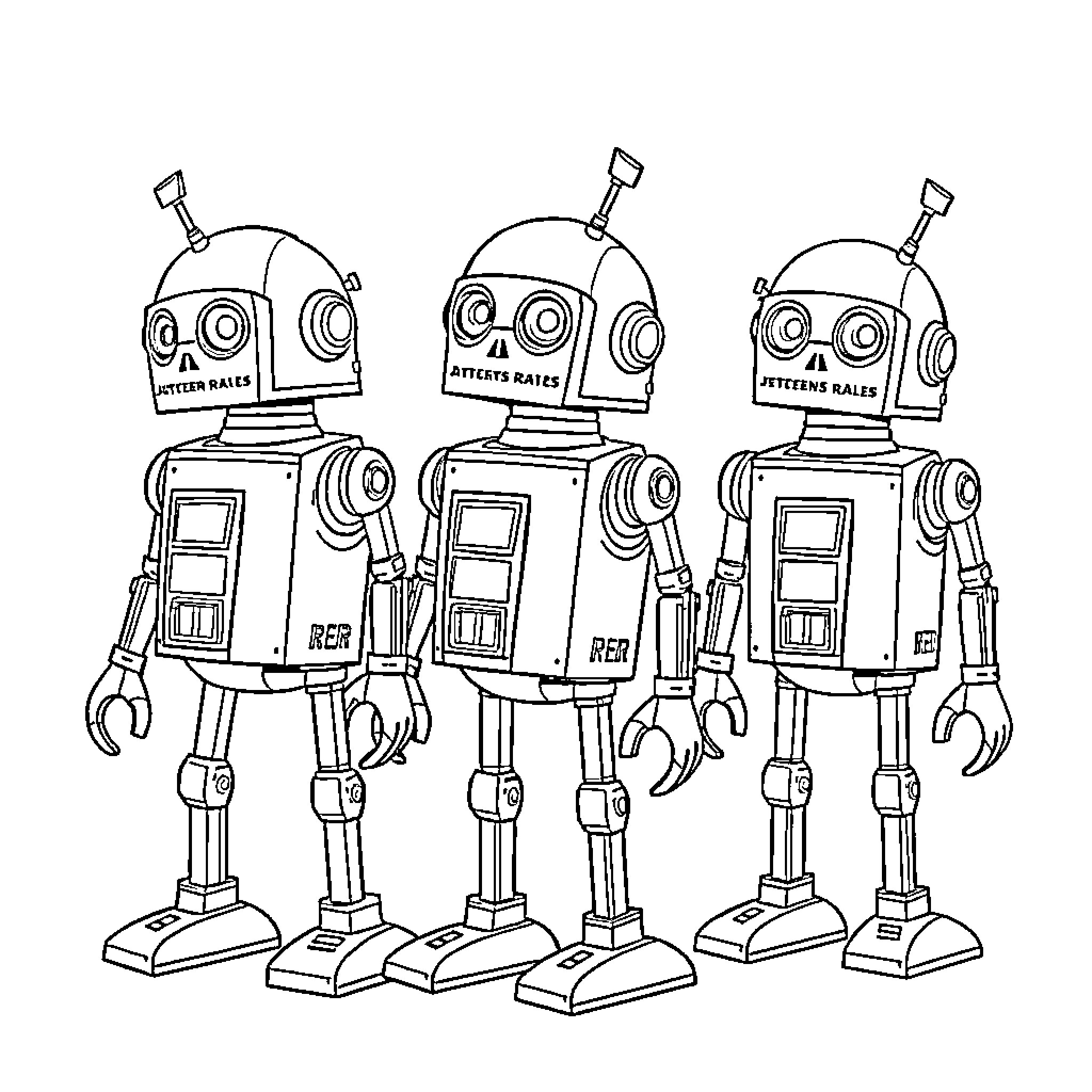 Roger's Robotic Revelry: Three Mechanical Marvels Coloring Page (free black-and-white line drawing printable PDF for all, from beginners to advanced learners, including children, teens, adults, and seniors)