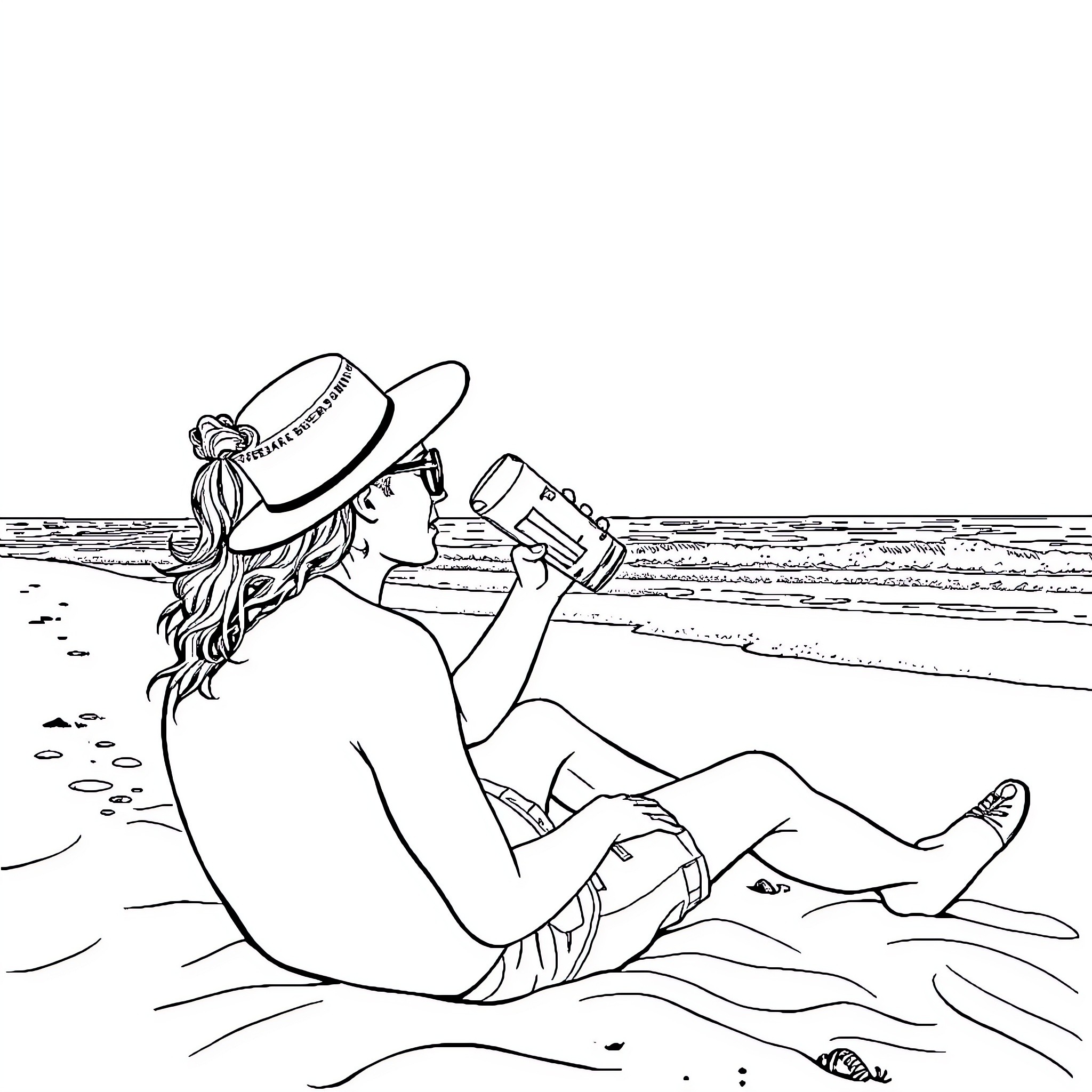 Beer by the Beach: Relaxing with a Drink Coloring Page (free black-and-white line drawing printable PDF for all, from beginners to advanced learners, including children, teens, adults, and seniors)