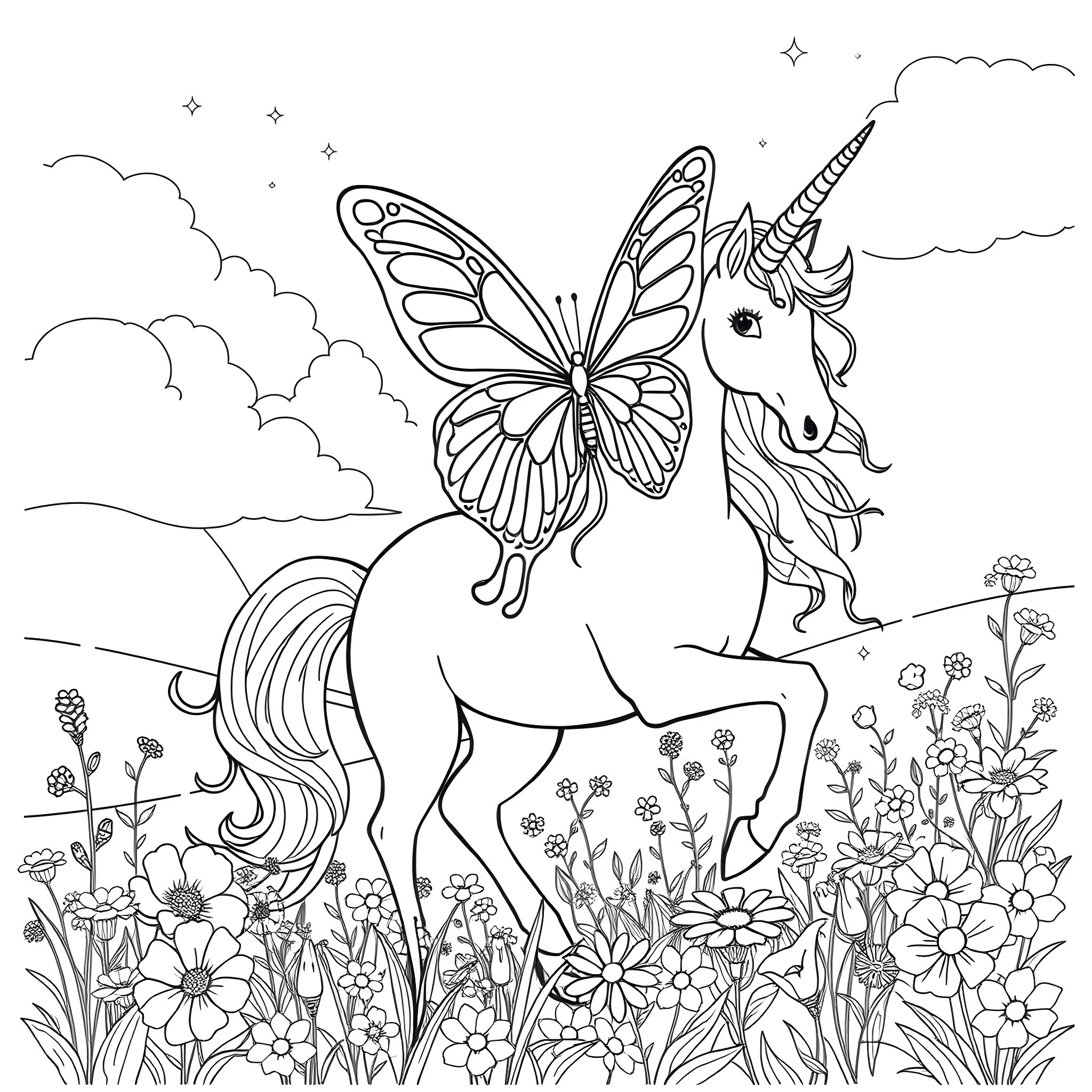 Butterfly Unicorn Enchanting Fantasy Scene Coloring Page (free black-and-white line drawing printable PDF for all, from beginners to advanced learners, including children, teens, adults, and seniors)