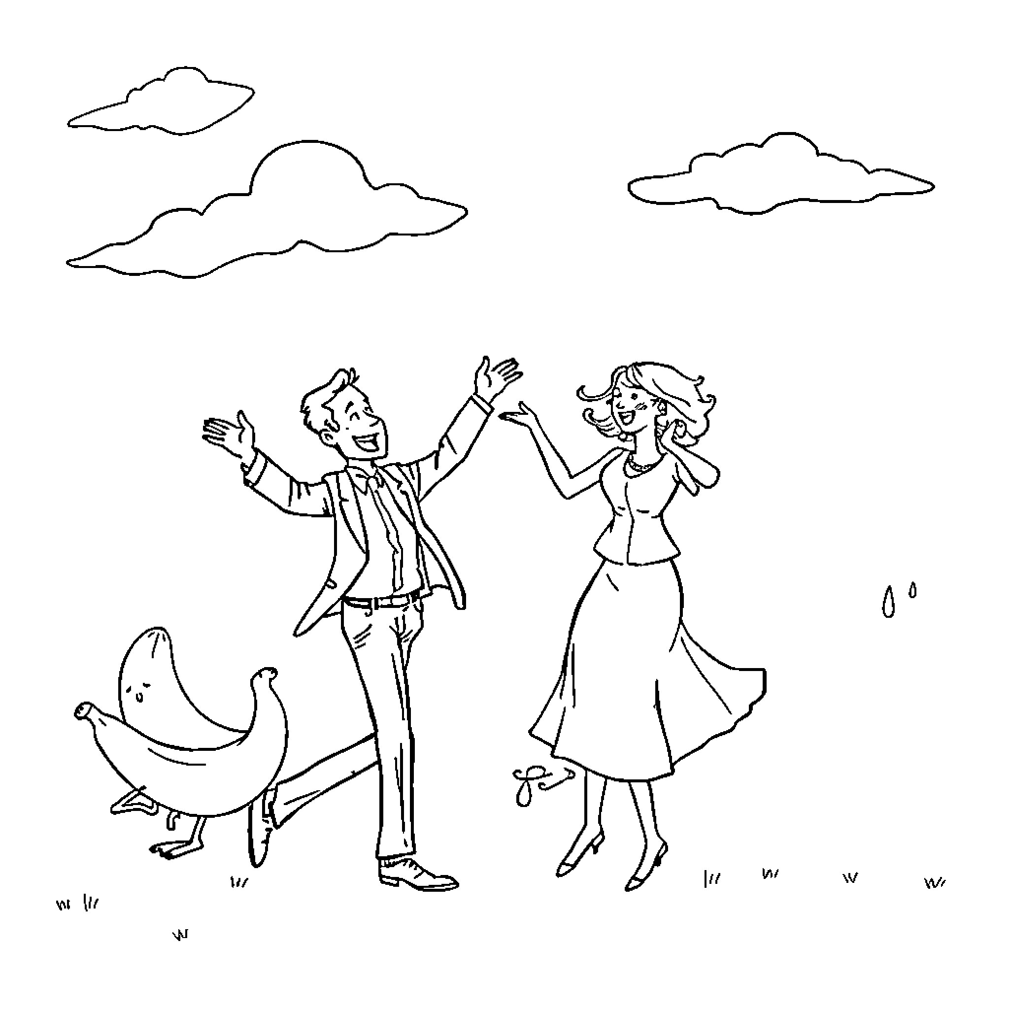 Macron enthusiastically dancing with a companion Coloring Page (free black-and-white line drawing printable PDF for all, from beginners to advanced learners, including children, teens, adults, and seniors)