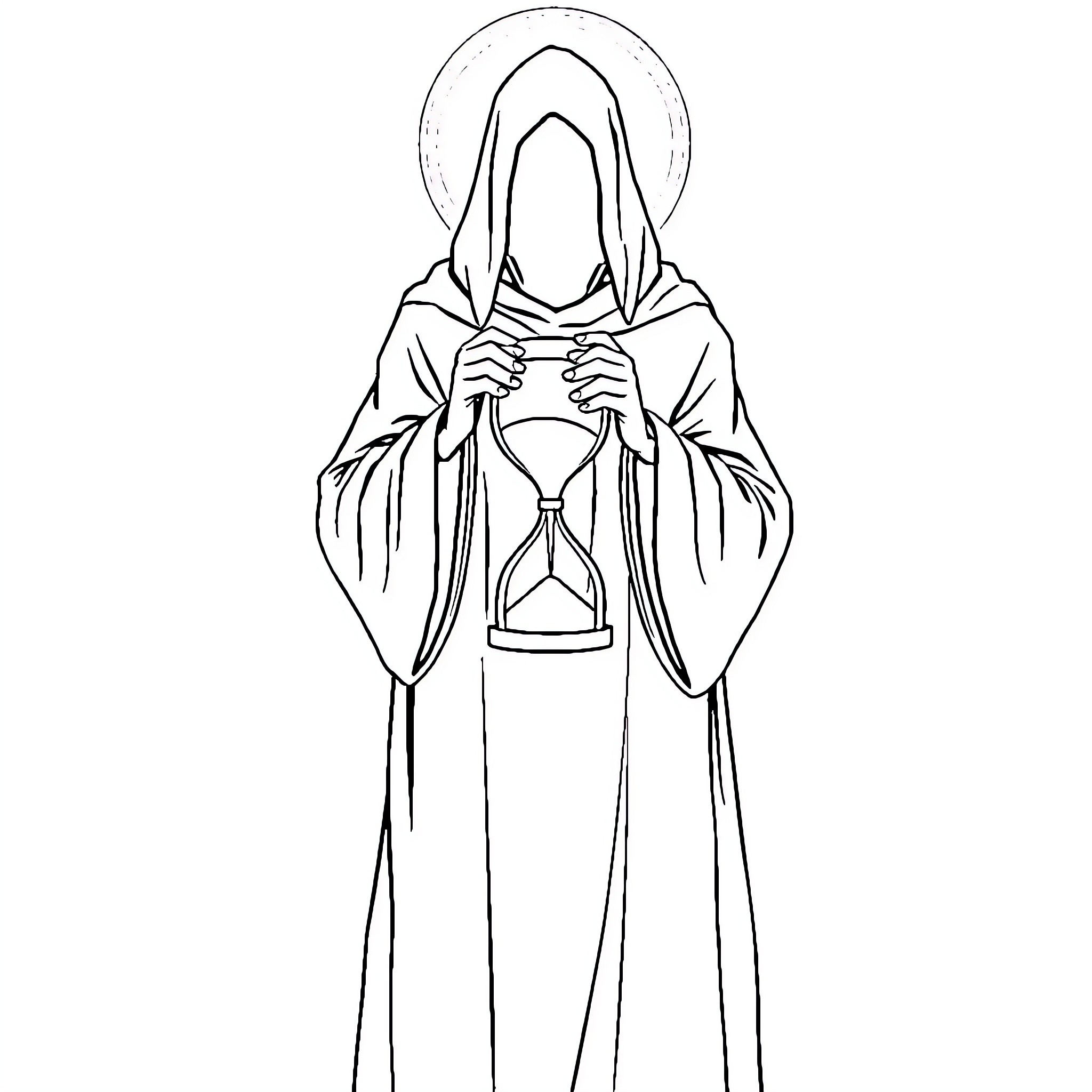 Holy Person Holding an Hourglass Coloring Page (free black-and-white line drawing printable PDF for all, from beginners to advanced learners, including children, teens, adults, and seniors)
