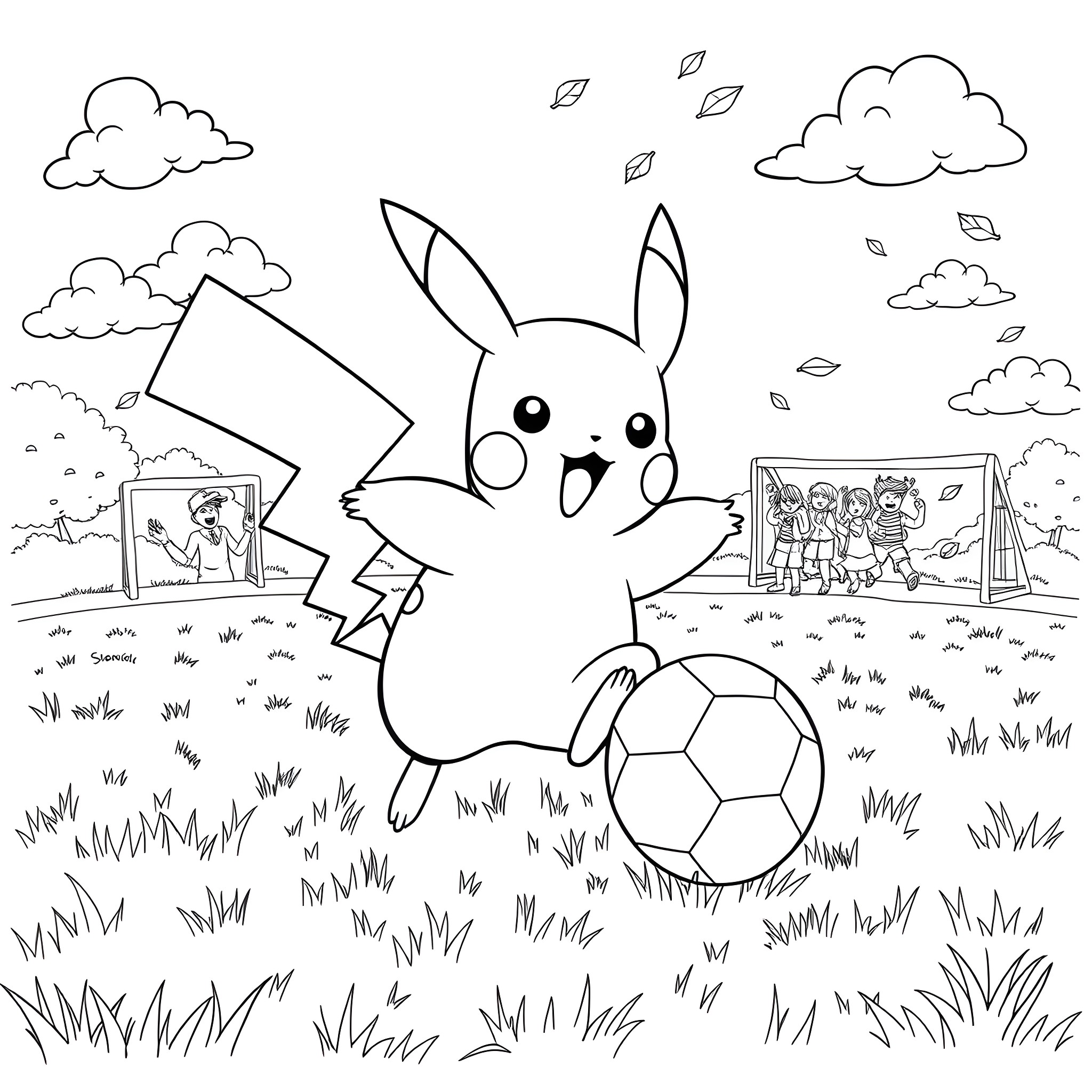 Pikachu playing soccer in a grassy field Coloring Page (free black-and-white line drawing printable PDF for all, from beginners to advanced learners, including children, teens, adults, and seniors)