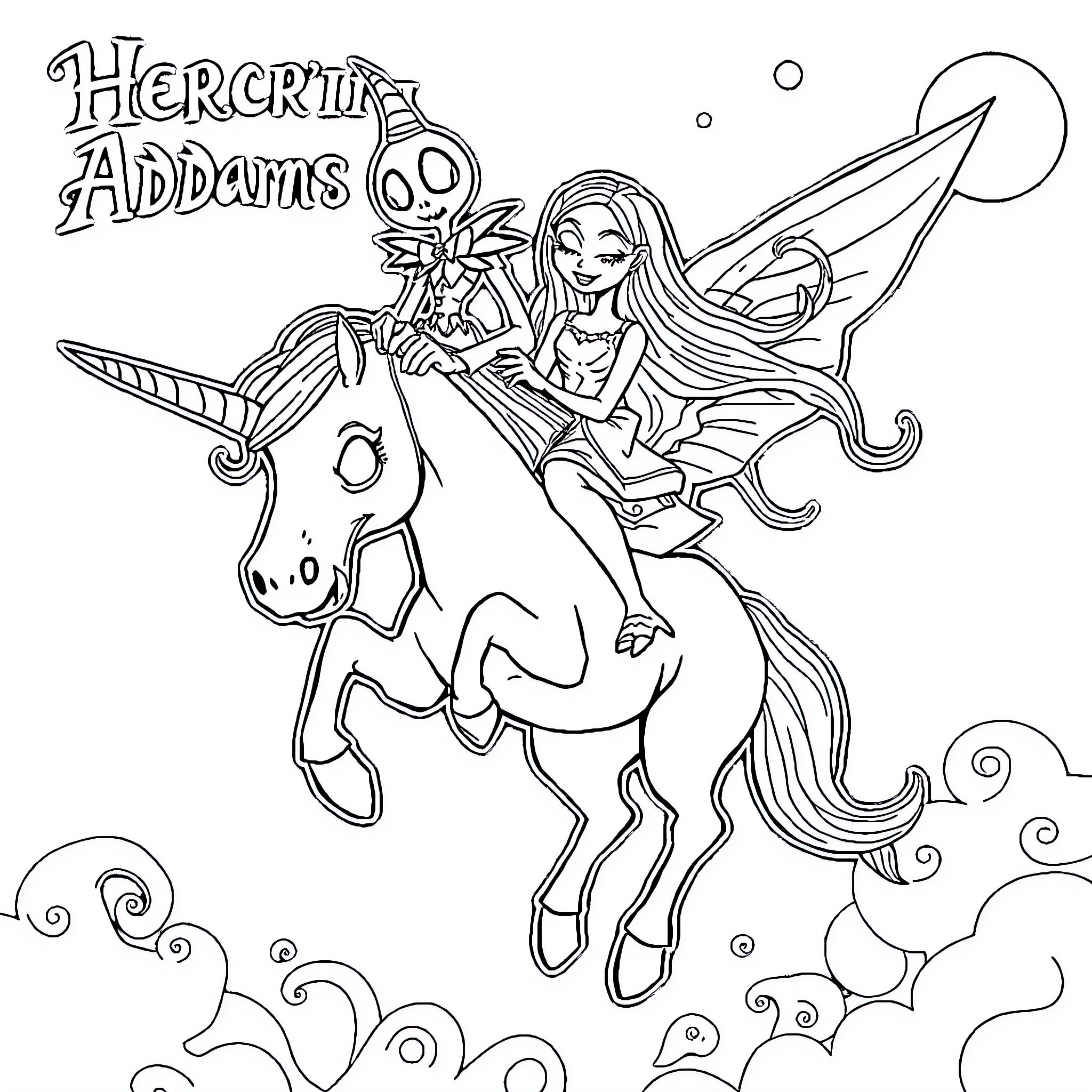 Mercredi Adventure on Magical Unicorn Coloring Page (free black-and-white line drawing printable PDF for all, from beginners to advanced learners, including children, teens, adults, and seniors)
