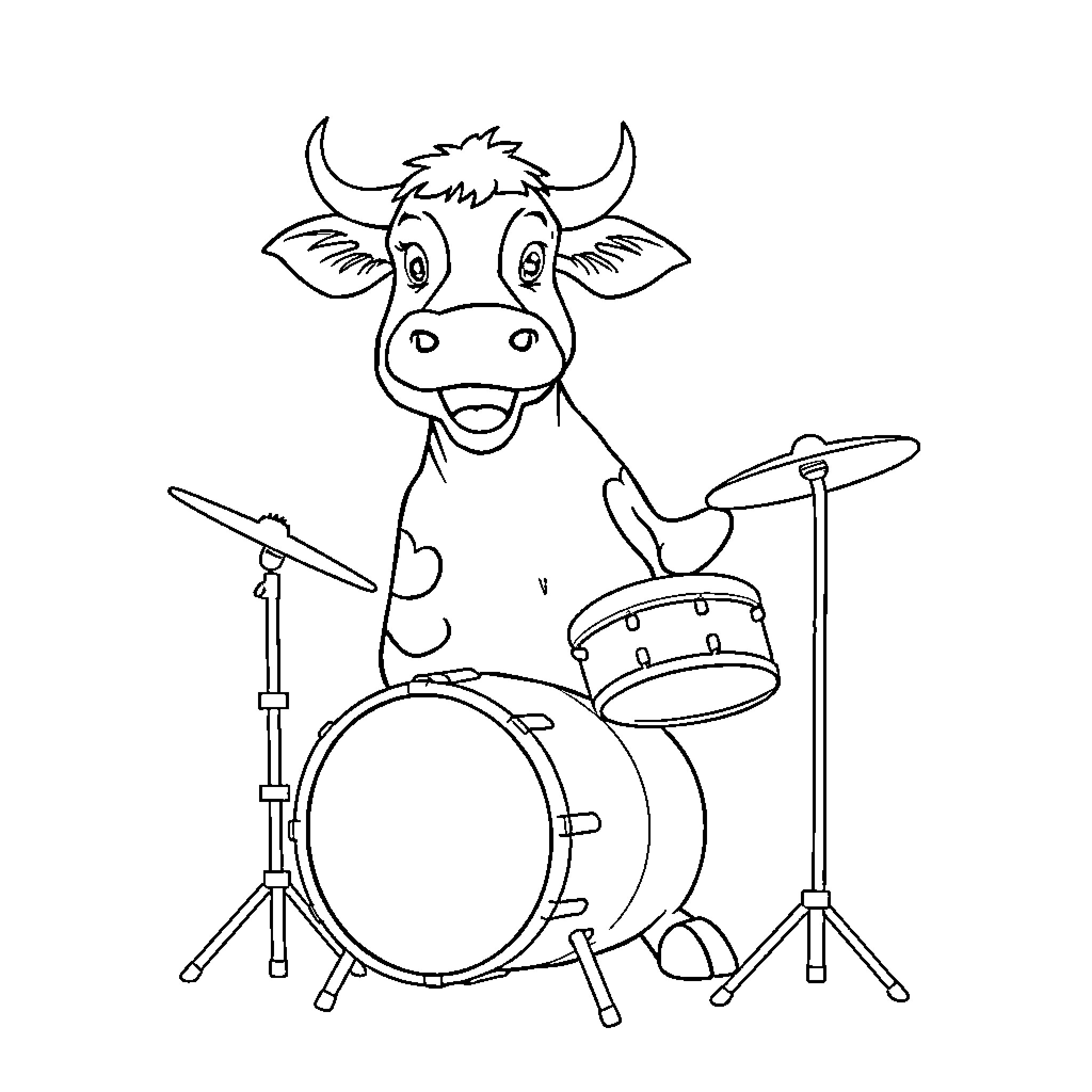 Cow playing drums in a musical performance Coloring Page (free black-and-white line drawing printable PDF for all, from beginners to advanced learners, including children, teens, adults, and seniors)
