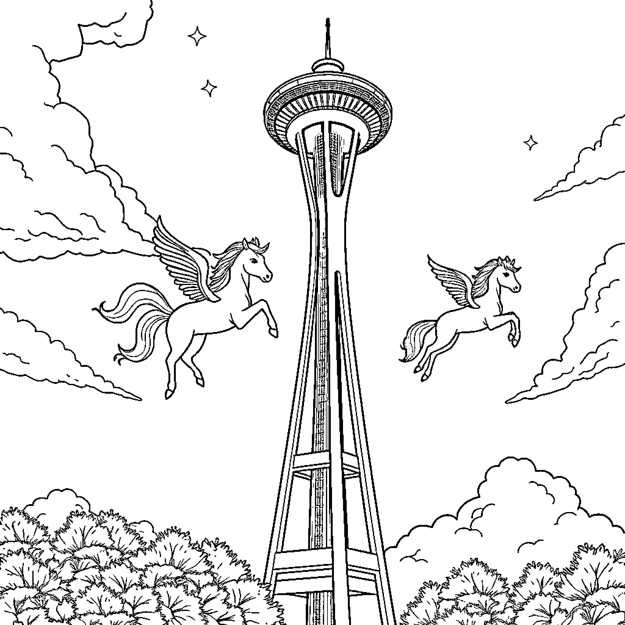 Unicorn Soaring High above the City Coloring Page (free black-and-white line drawing printable PDF for all, from beginners to advanced learners, including children, teens, adults, and seniors)