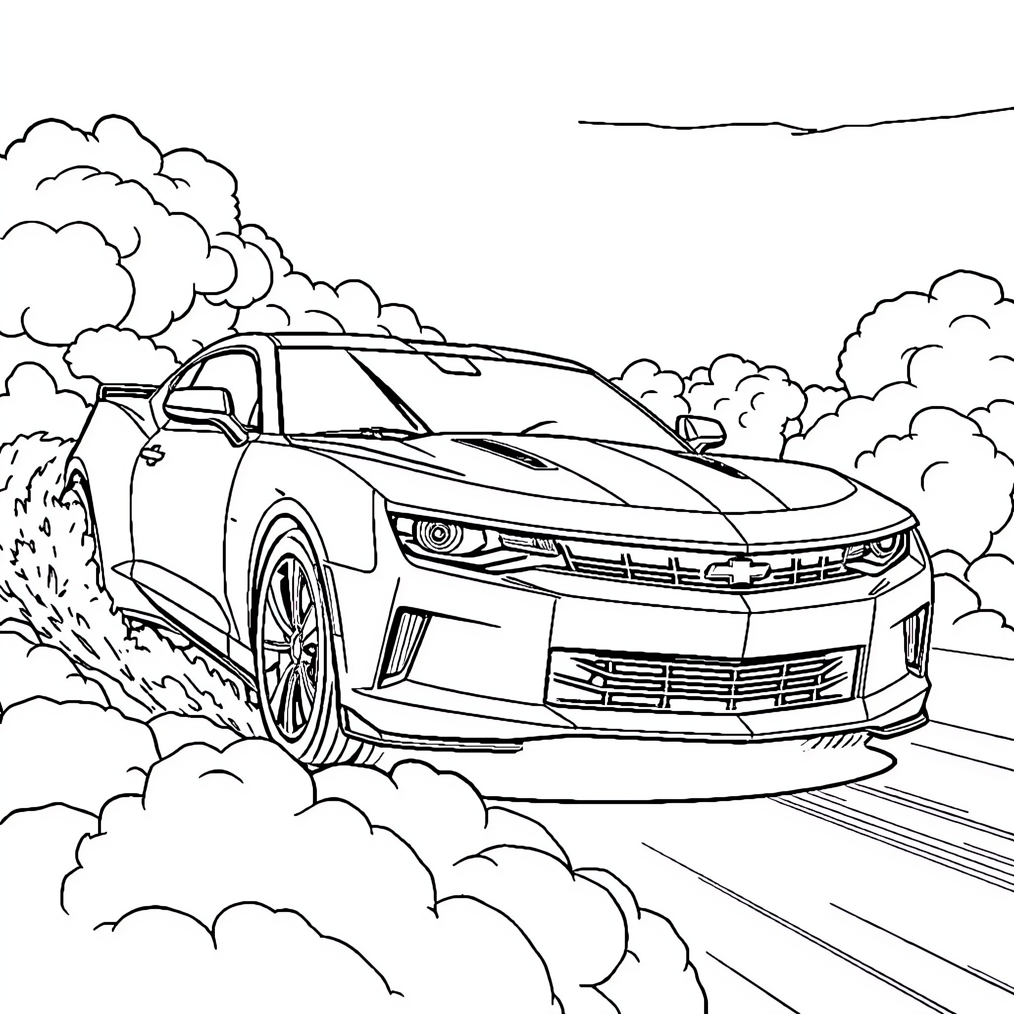 Chevrolet Camaro speeding through the countryside Coloring Page (free black-and-white line drawing printable PDF for all, from beginners to advanced learners, including children, teens, adults, and seniors)