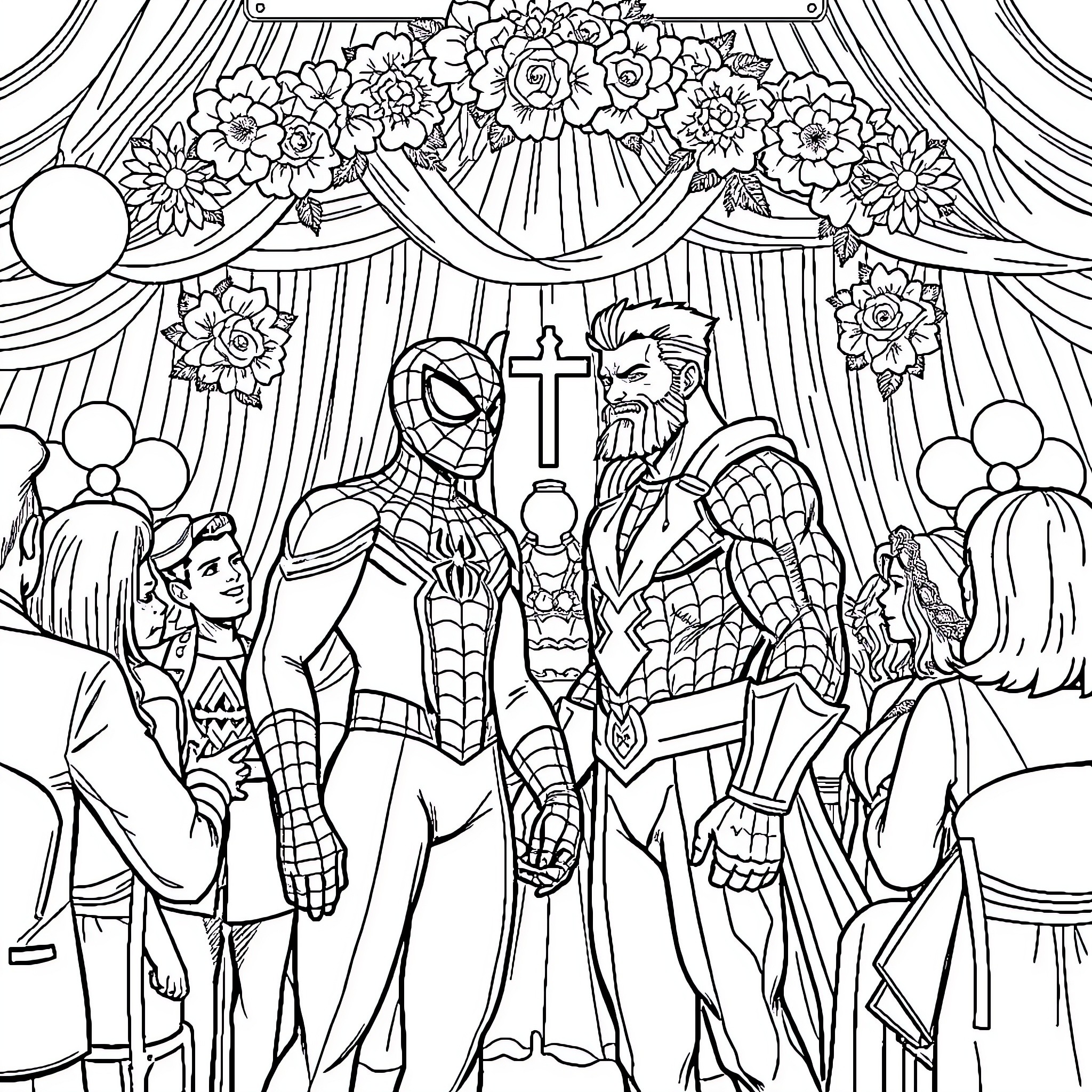 Spider-Man at a Floral Religious Ceremony Coloring Page (free black-and-white line drawing printable PDF for all, from beginners to advanced learners, including children, teens, adults, and seniors)