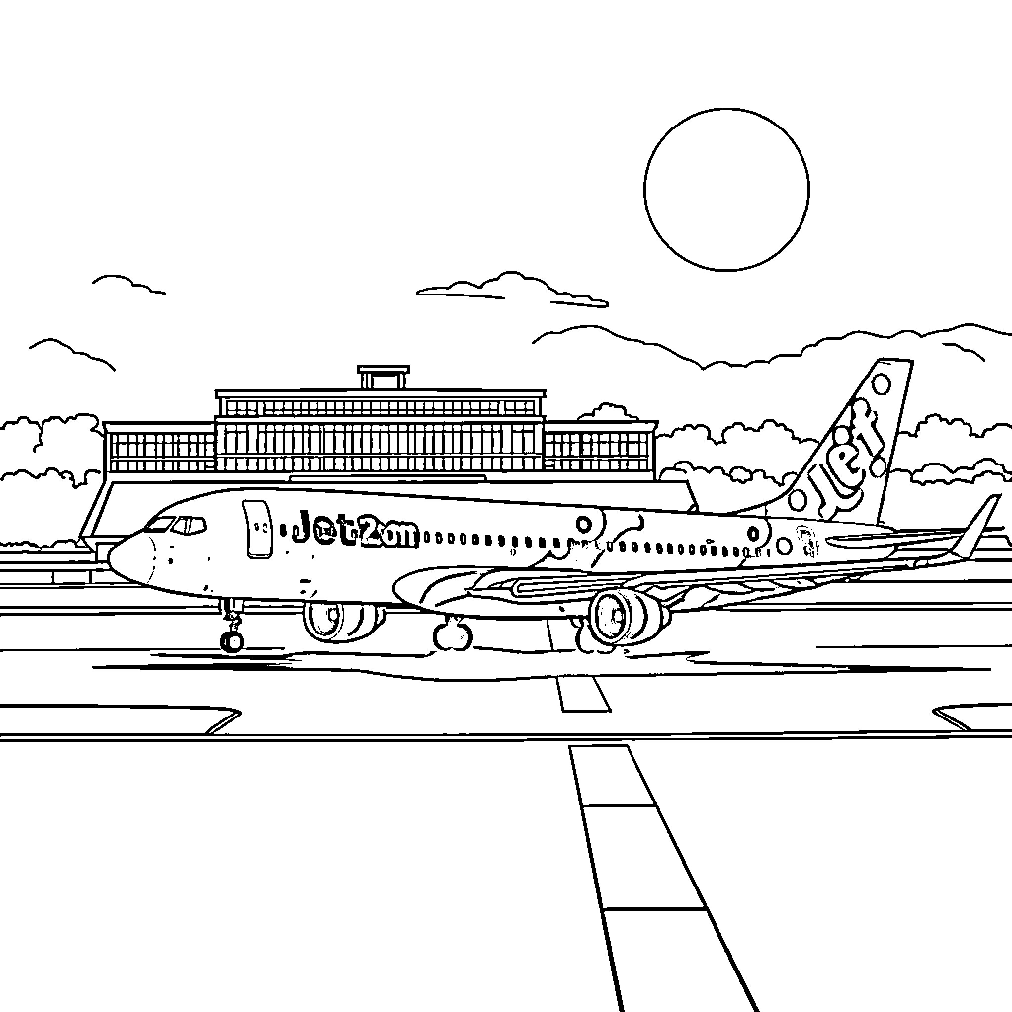 Plane parked at the airport terminal Coloring Page (free black-and-white line drawing printable PDF for all, from beginners to advanced learners, including children, teens, adults, and seniors)