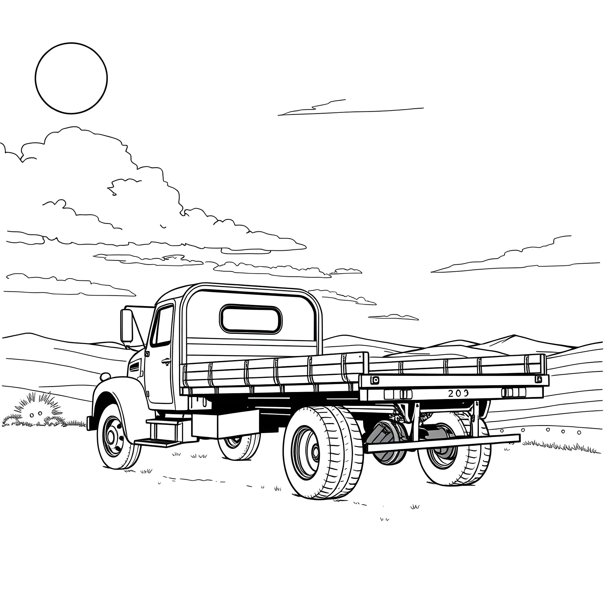 Flatbed truck in scenic countryside landscape Coloring Page (free black-and-white line drawing printable PDF for all, from beginners to advanced learners, including children, teens, adults, and seniors)