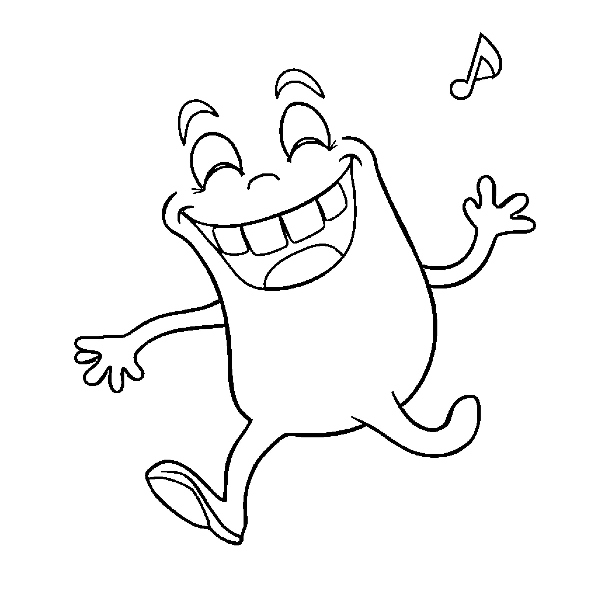 Tooth character dancing joyfully with music note Coloring Page (free black-and-white line drawing printable PDF for all, from beginners to advanced learners, including children, teens, adults, and seniors)