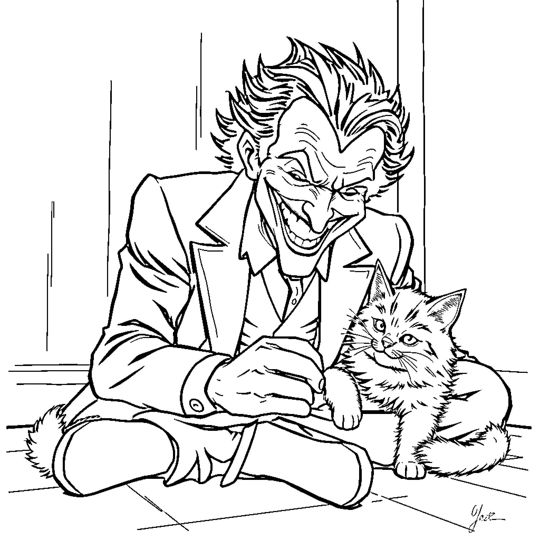 Joker playing with a cat in a mischievous manner Coloring Page (free black-and-white line drawing printable PDF for all, from beginners to advanced learners, including children, teens, adults, and seniors)