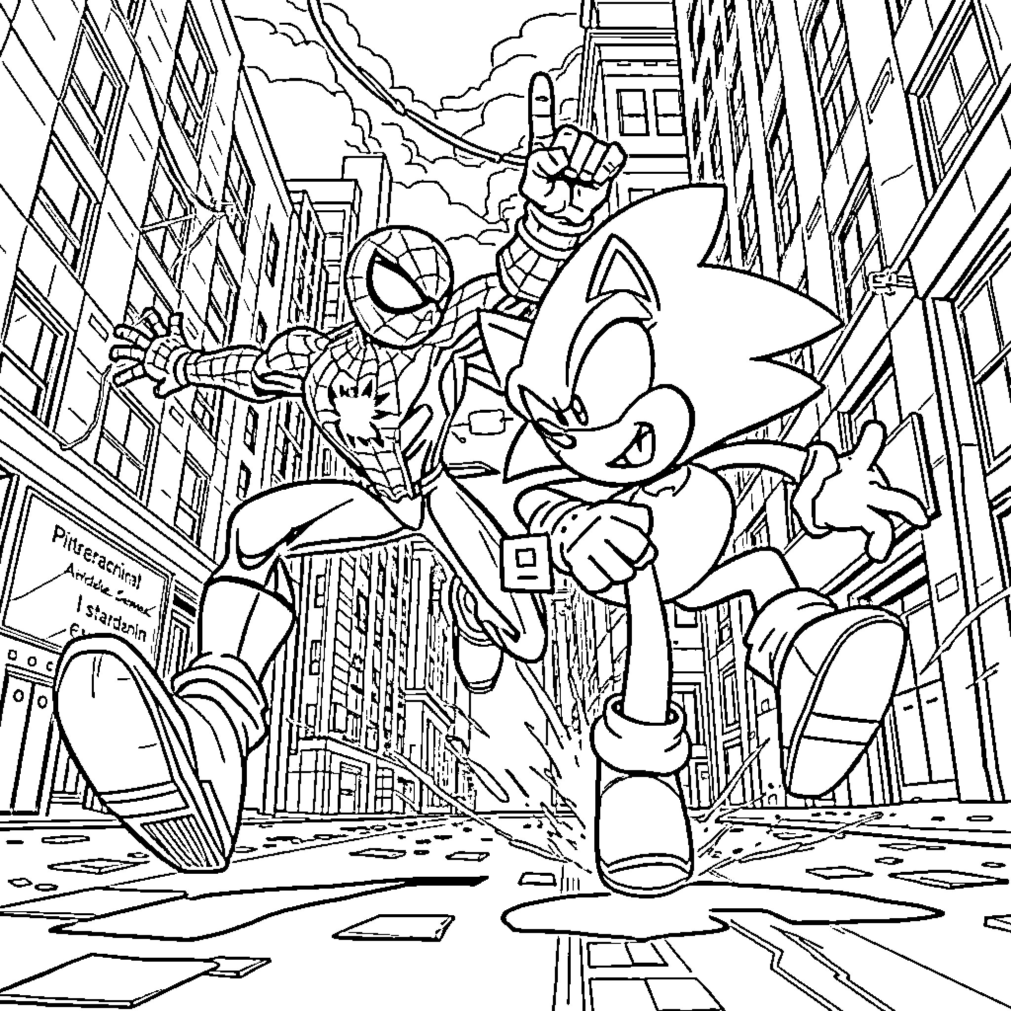 Sonic Speeds Through the Bustling City Coloring Page (free black-and-white line drawing printable PDF for all, from beginners to advanced learners, including children, teens, adults, and seniors)