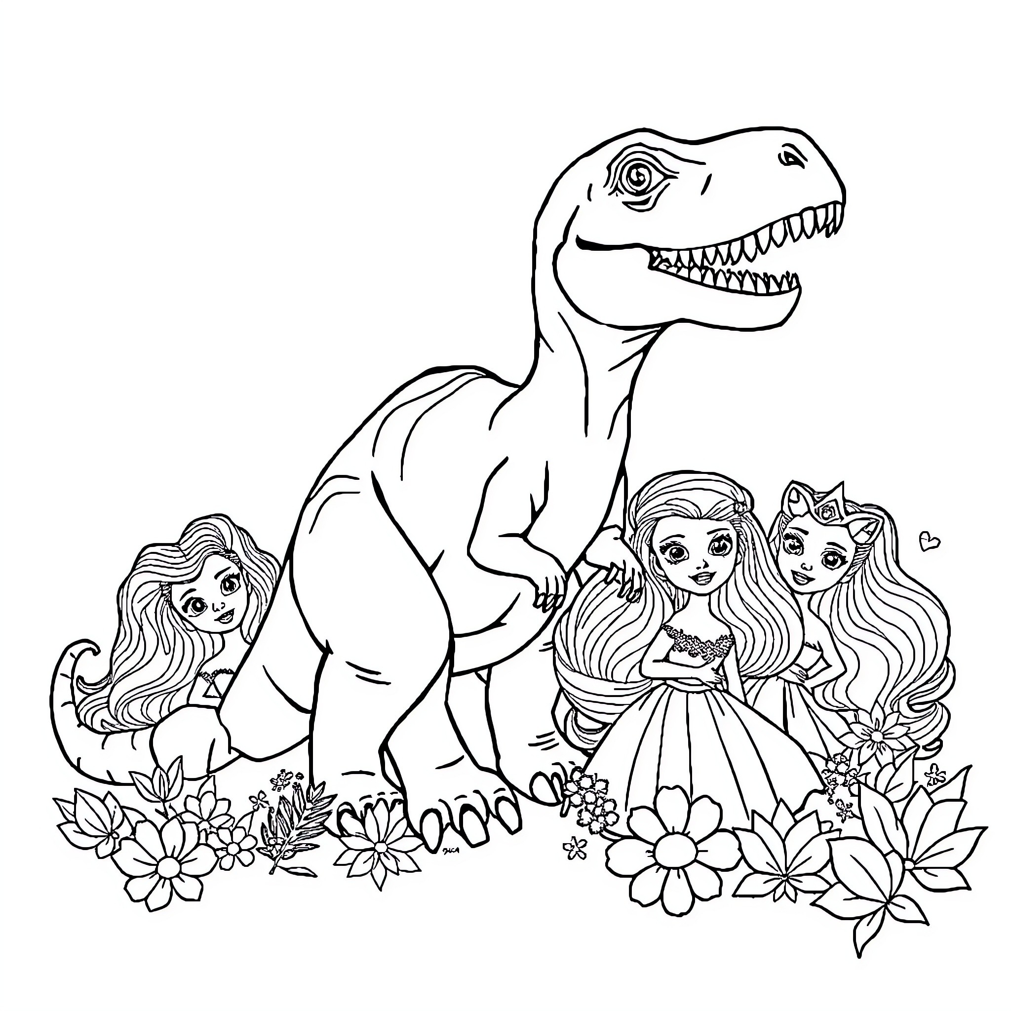Dinosaur interacting with fantasy characters in nature Coloring Page (free black-and-white line drawing printable PDF for all, from beginners to advanced learners, including children, teens, adults, and seniors)